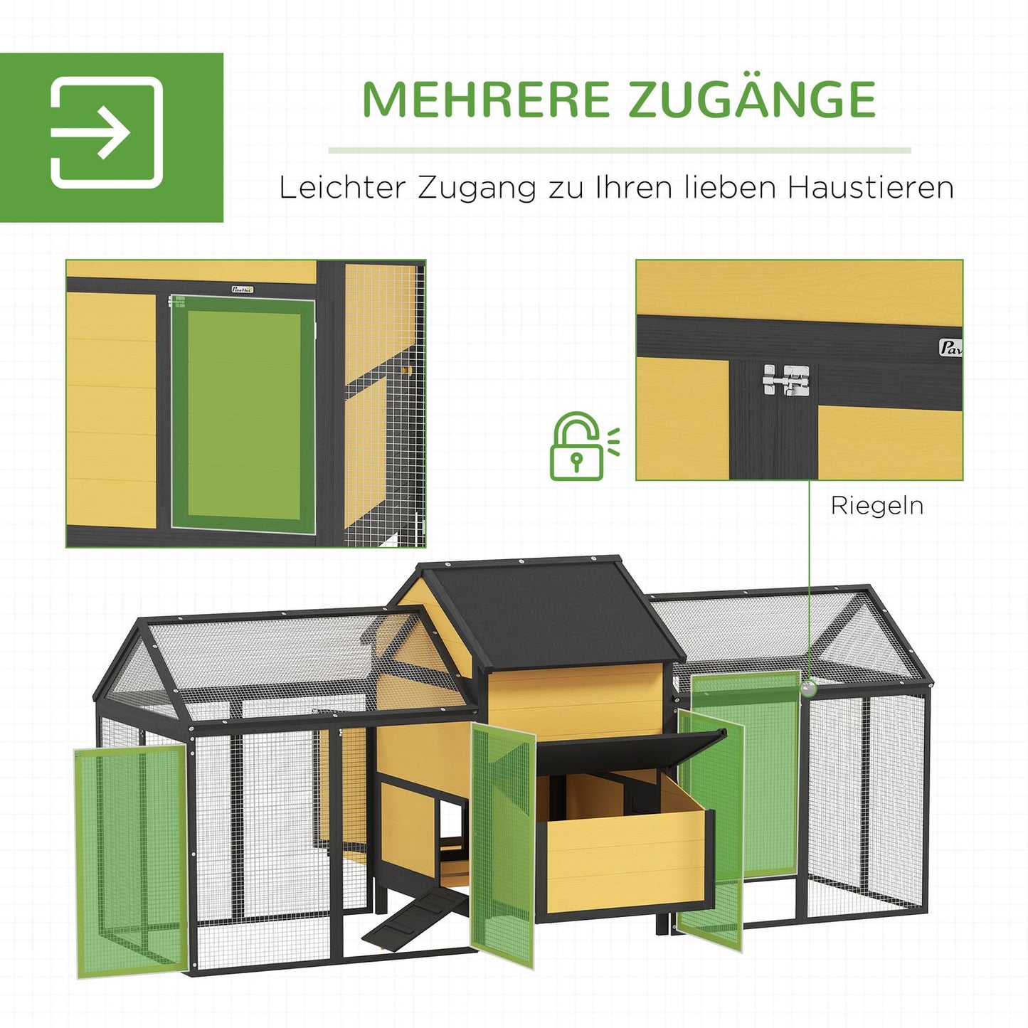 Chicken coop, small animal coop, 2 outdoor enclosures, 1 nesting box, 2 ramps, asphalt roof, weatherproof, yellow
