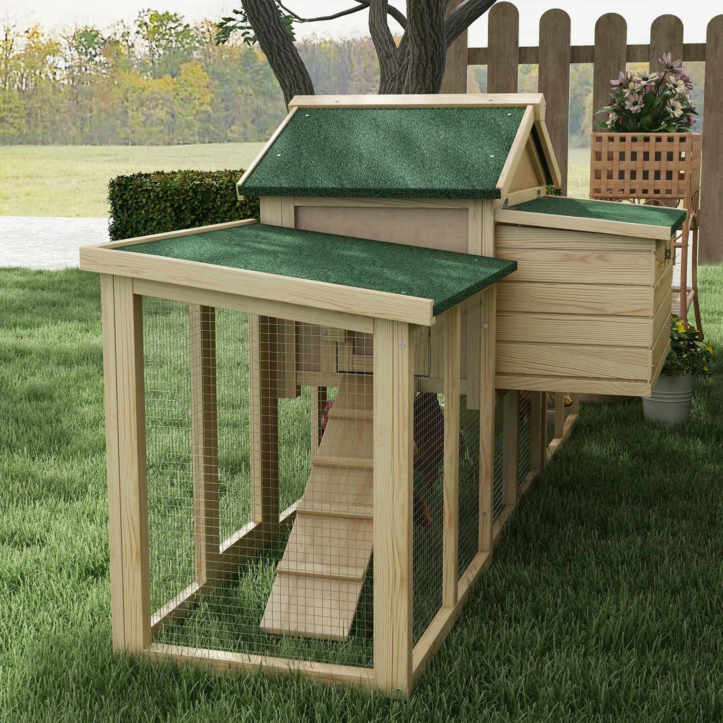 Chicken Coop with Nesting Box & Outdoor Run, Fir Wood