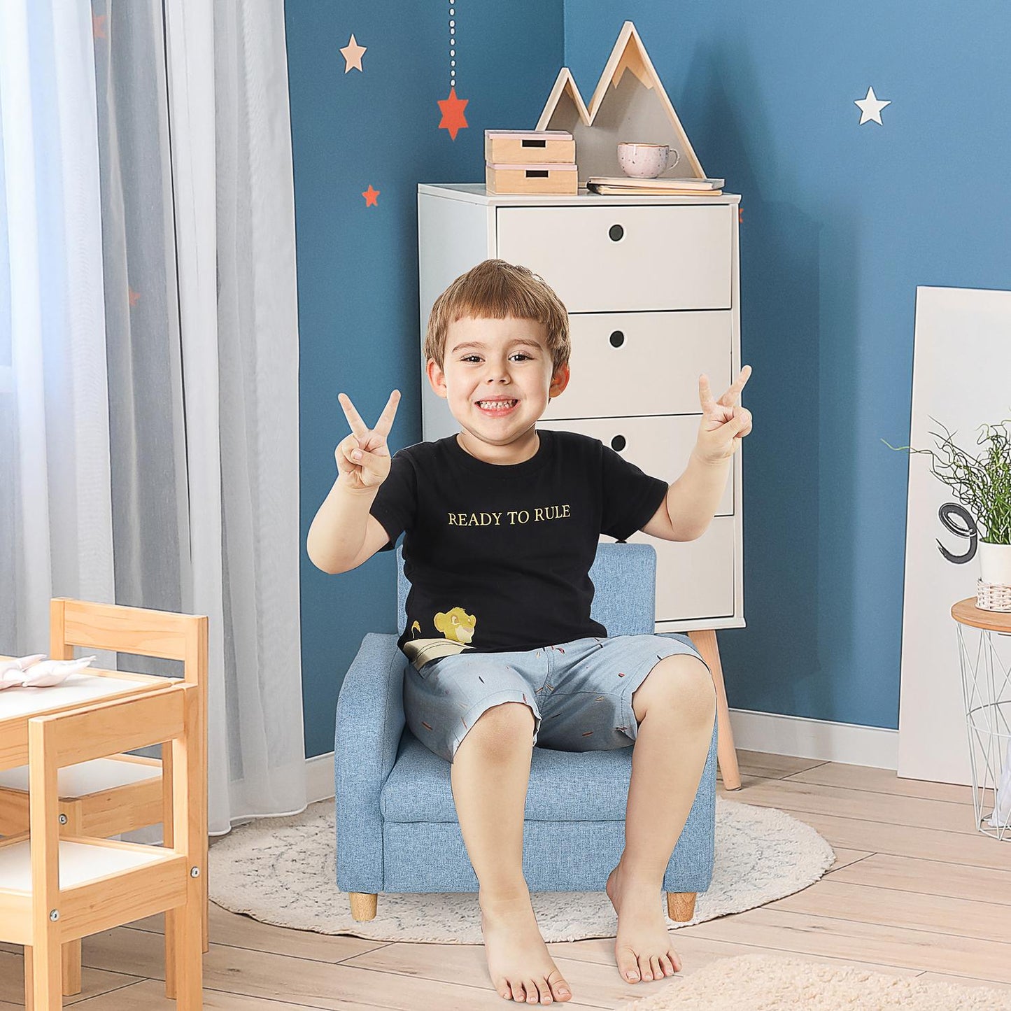 Blue armchair sofa for children with cushion, non-slip feet
