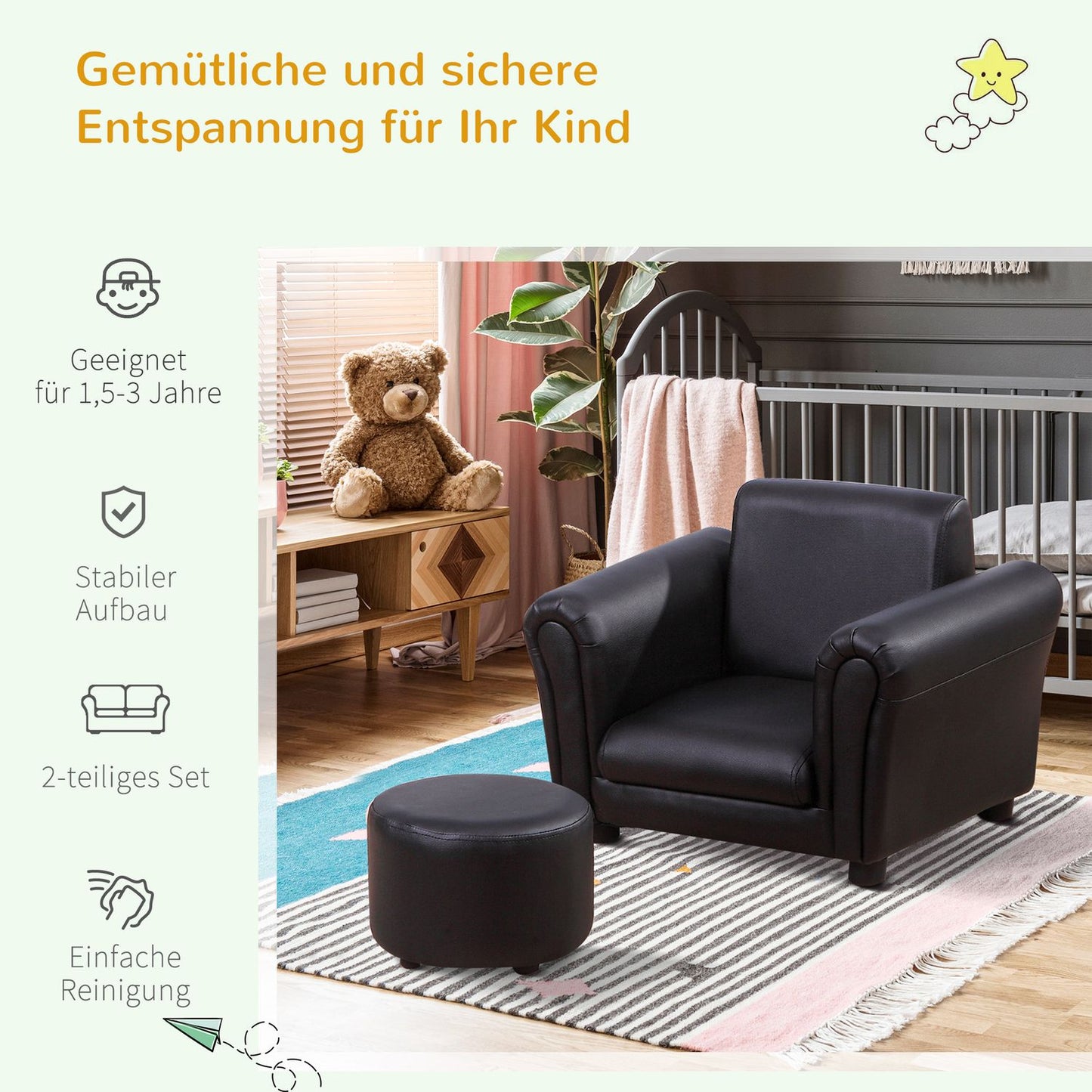 Black armchair for children with footstool - 3-7 years, 54x42x41cm