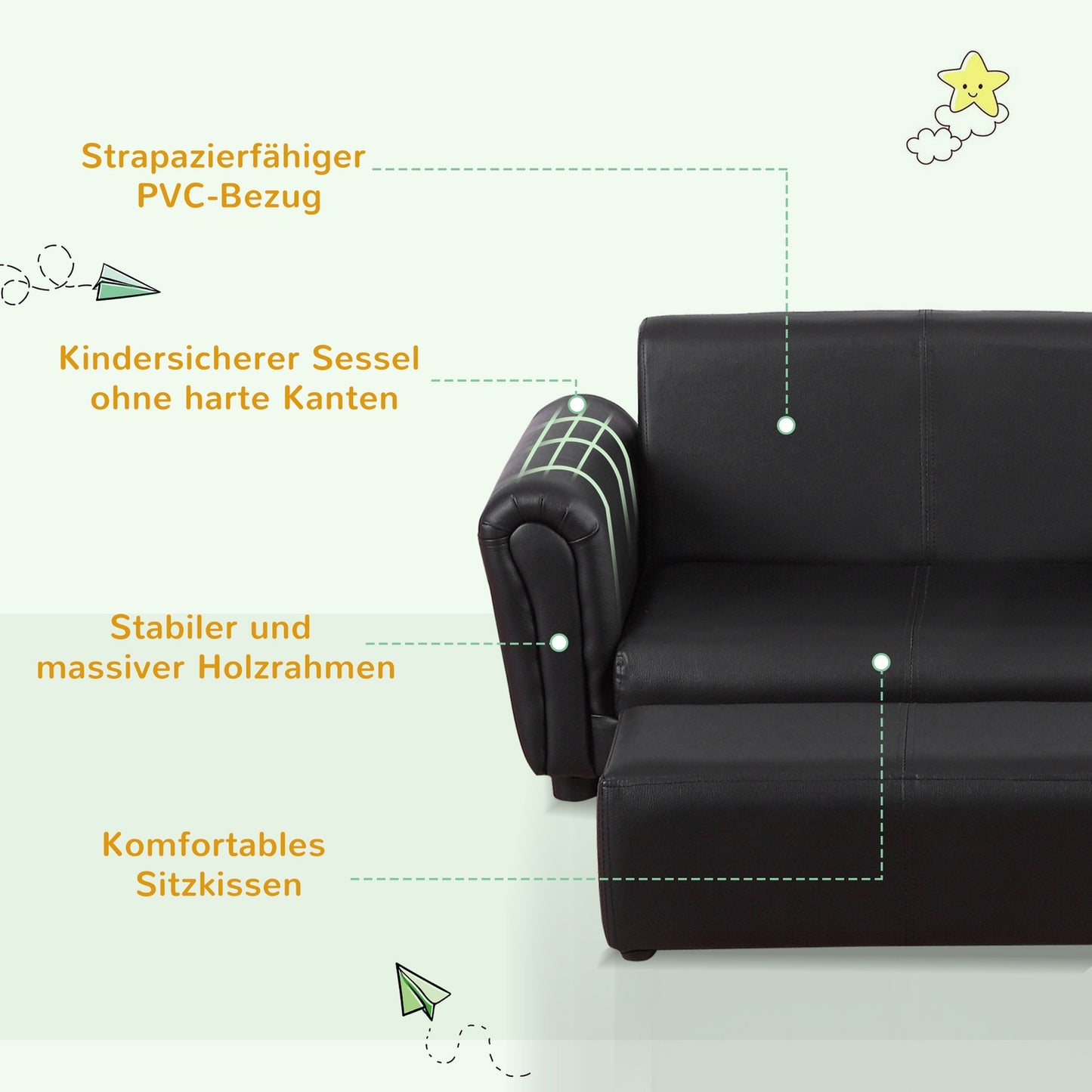 Children's black armchair & footstool Set - Comfortable 83cm