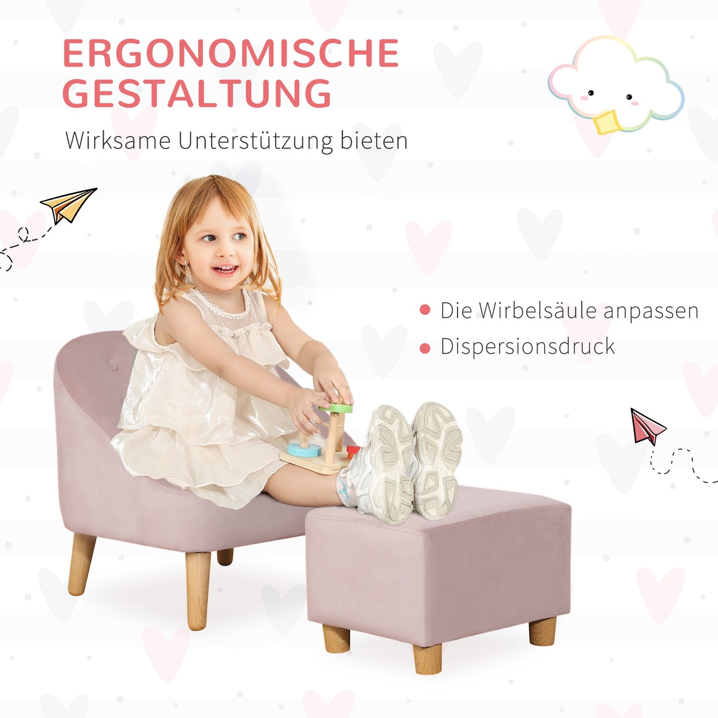 Children's velvet armchair with footstool - Pink, comfortable