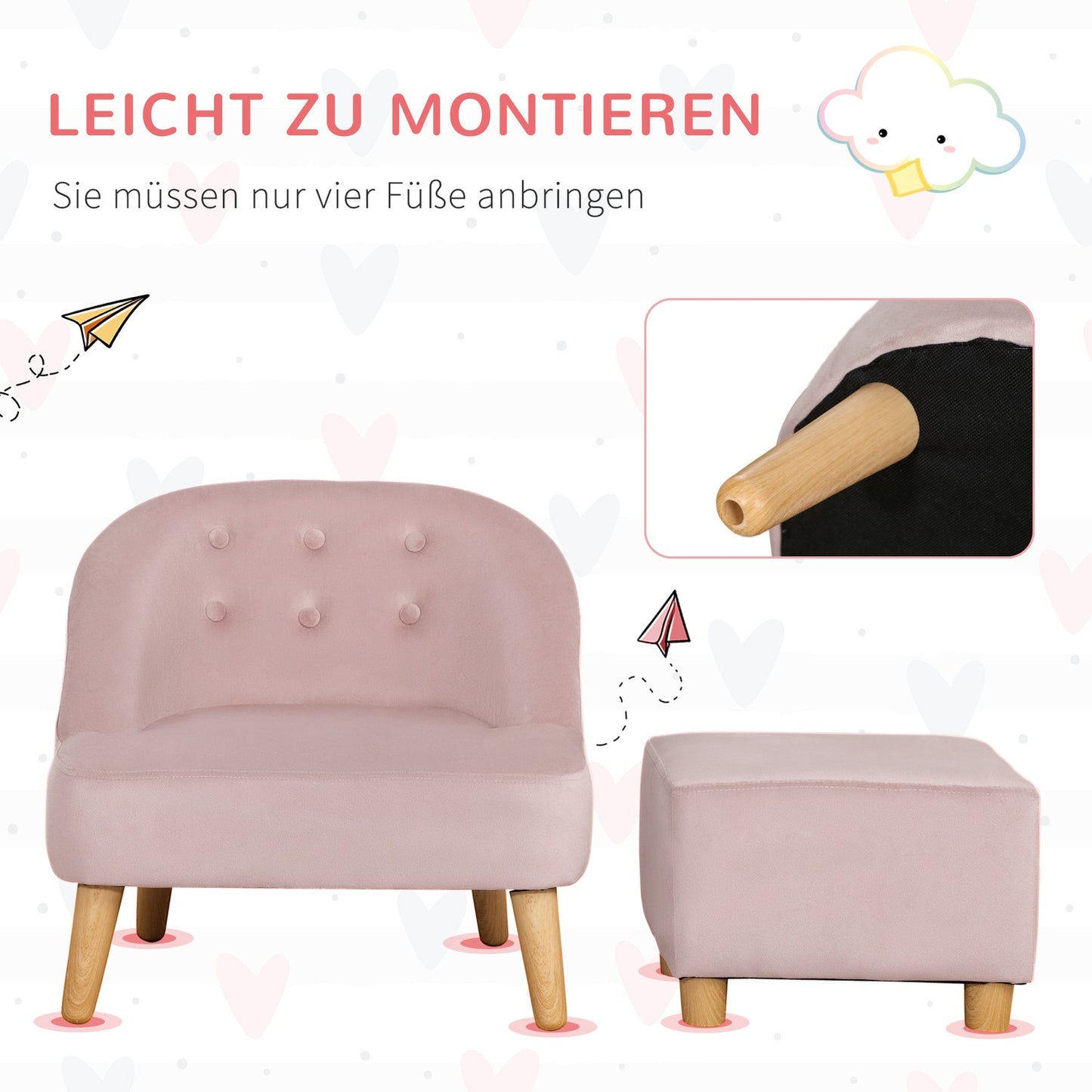 Children's velvet armchair with footstool - Pink, comfortable