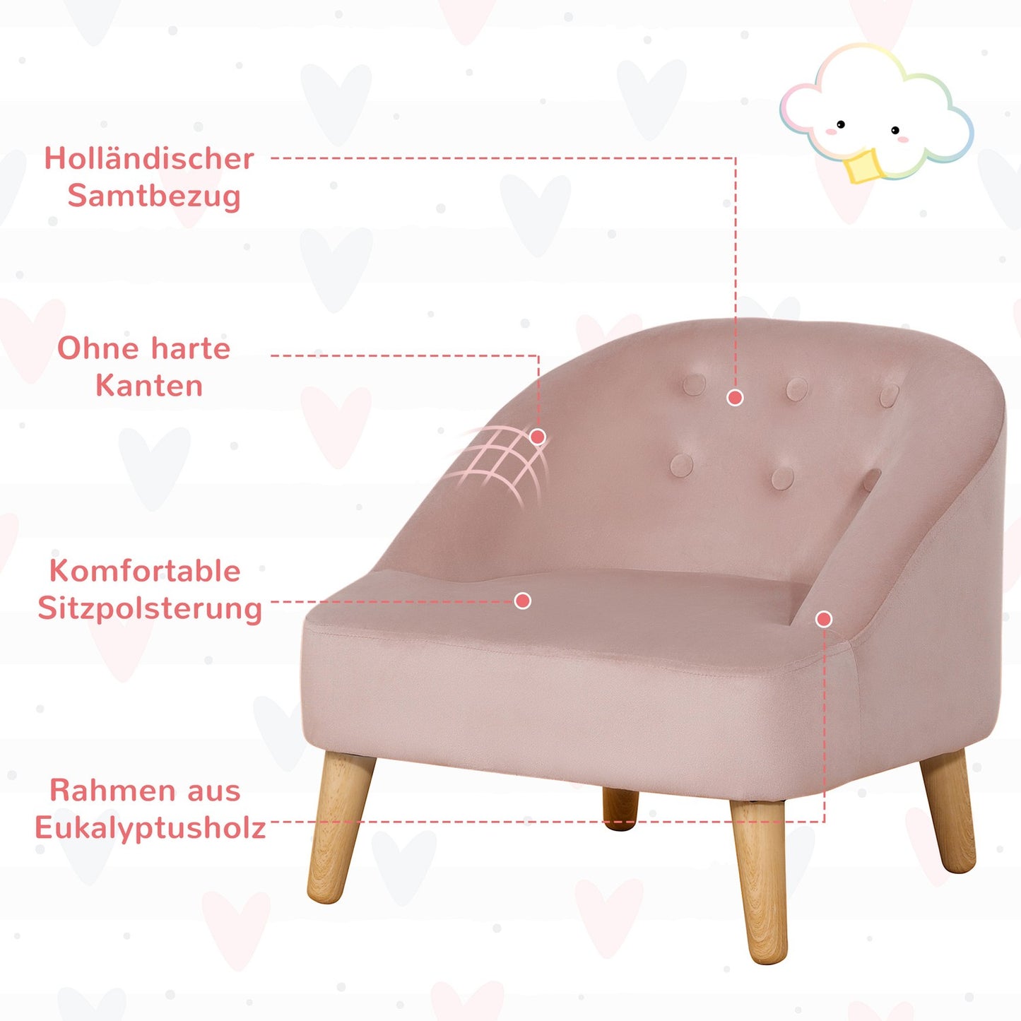 Children's velvet armchair with footstool - Pink, comfortable