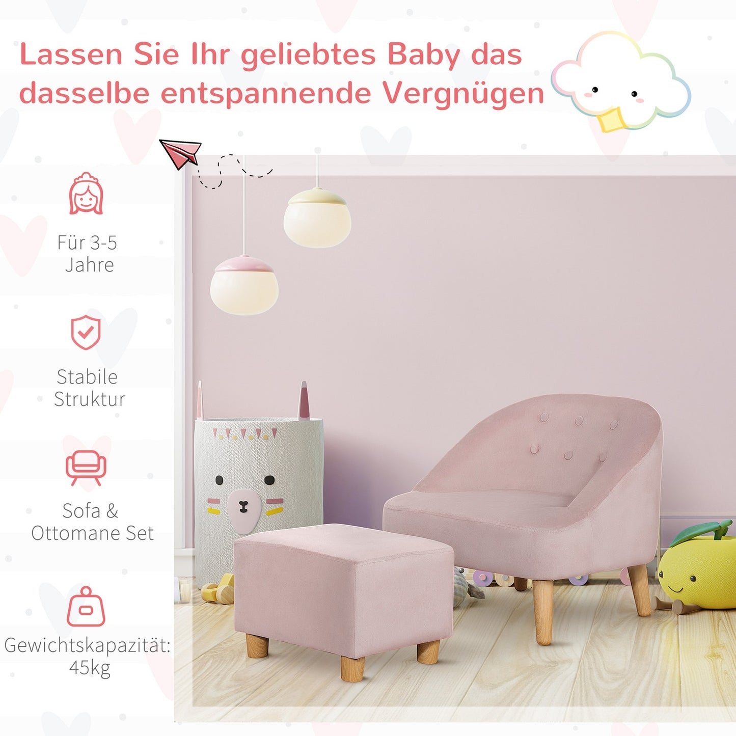 Children's velvet armchair with footstool - Pink, comfortable