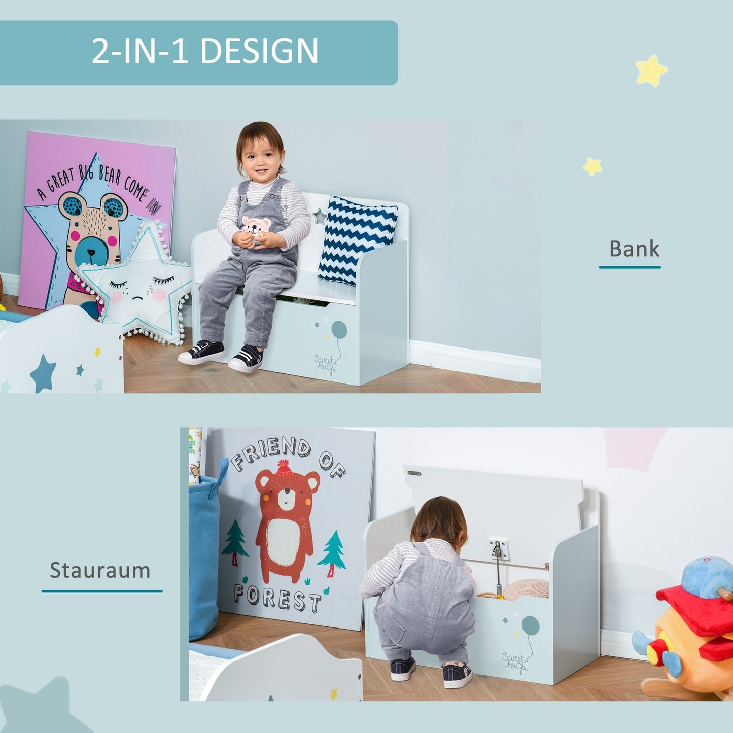 Children's storage bench - Toy Box Chest, Light blue, 3-6 years