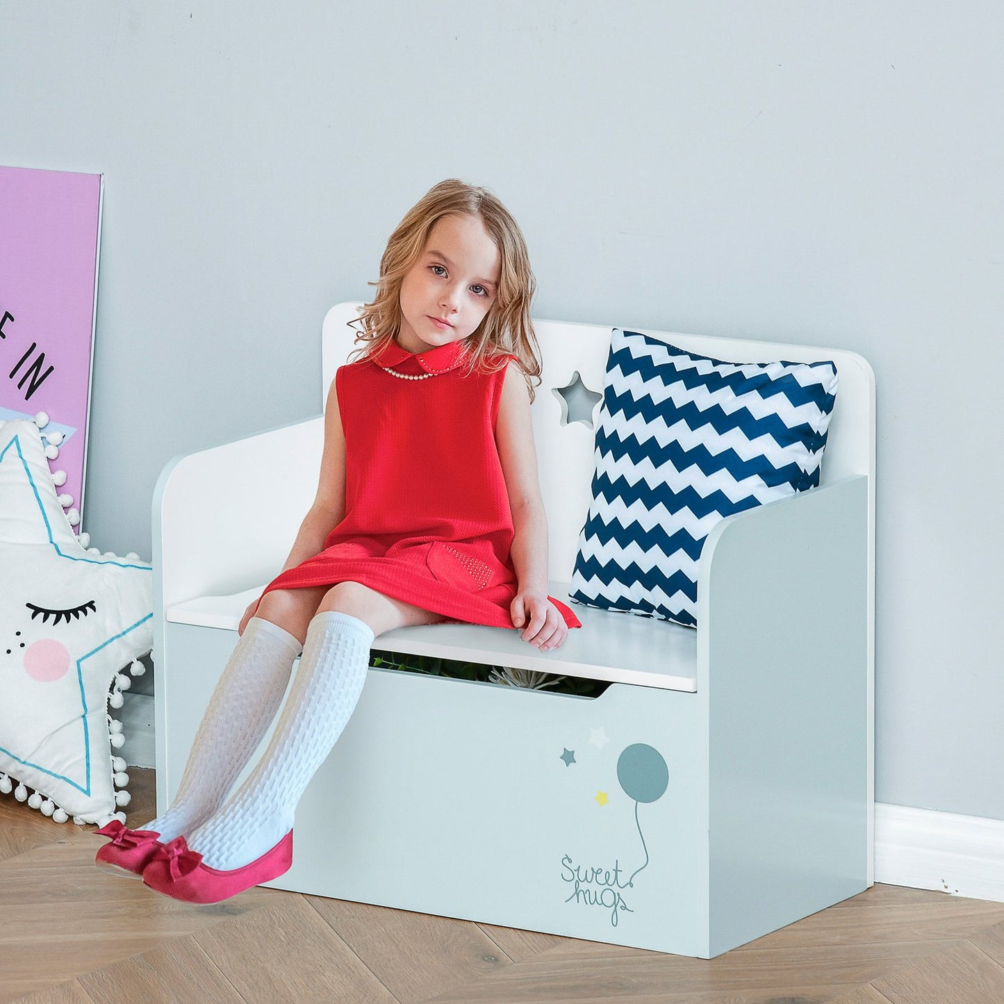 Children's storage bench - Toy Box Chest, Light blue, 3-6 years