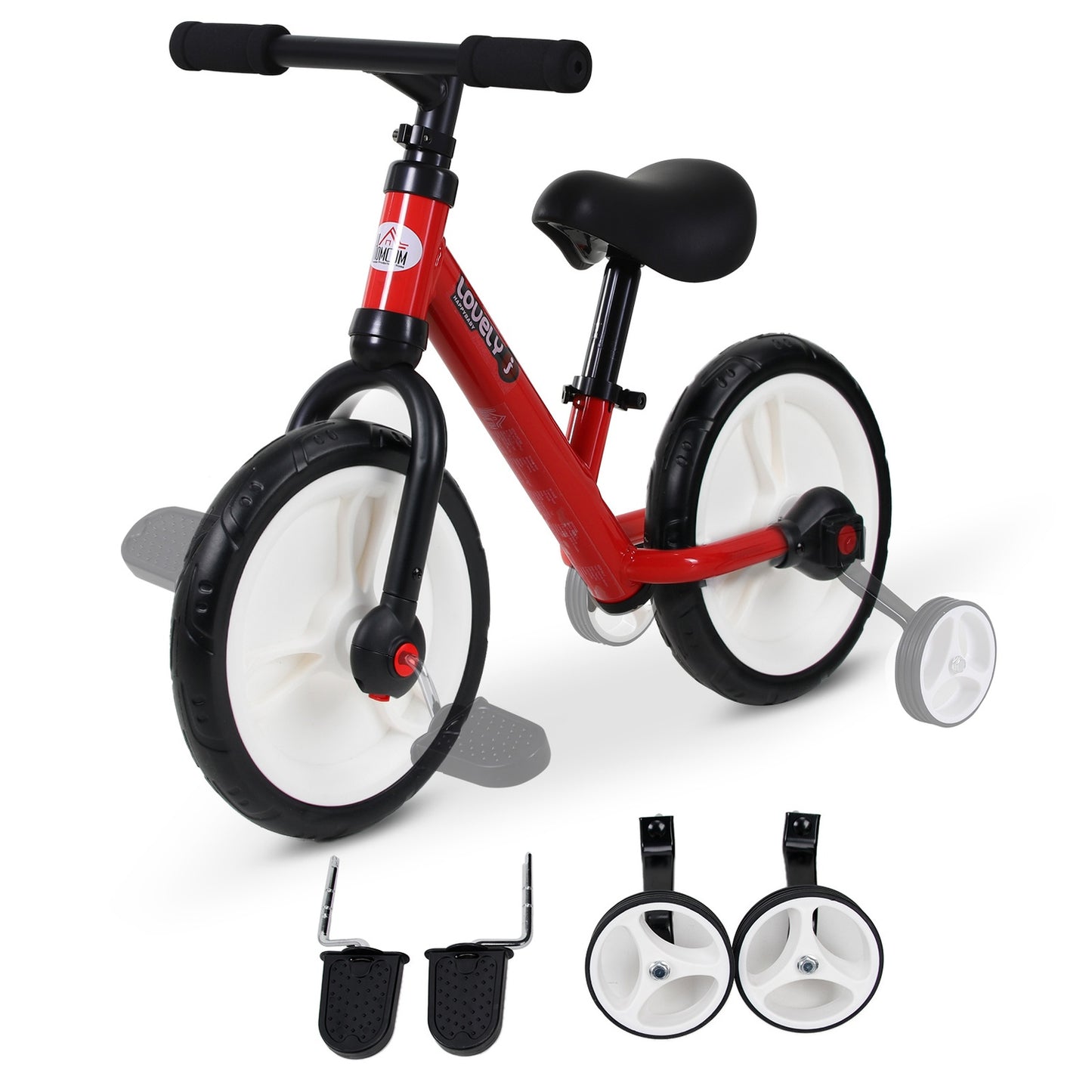 Balance bike for children with training wheels, 2-5 years, red