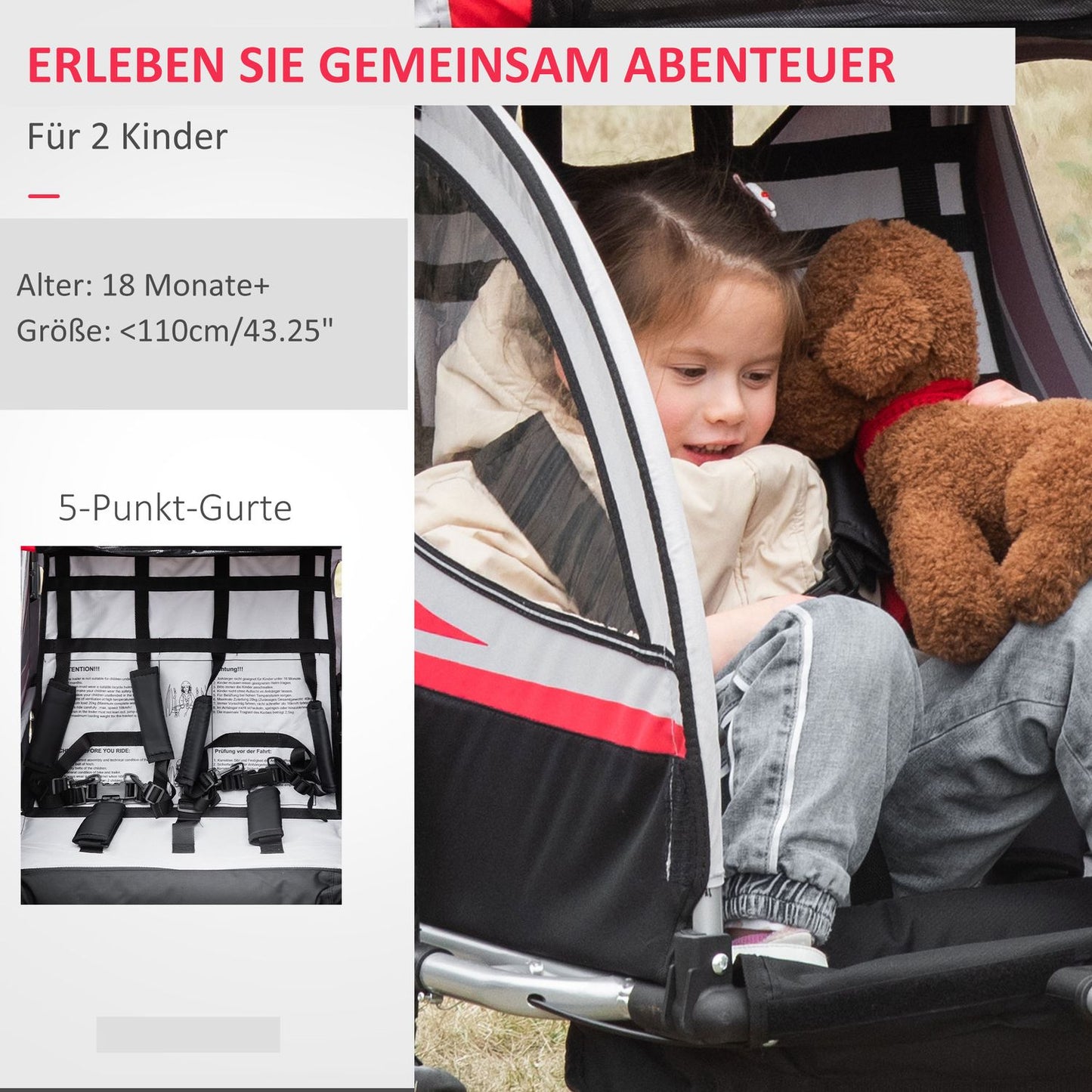 2-in-1 children's bike trailer with suspension and brake, red/black