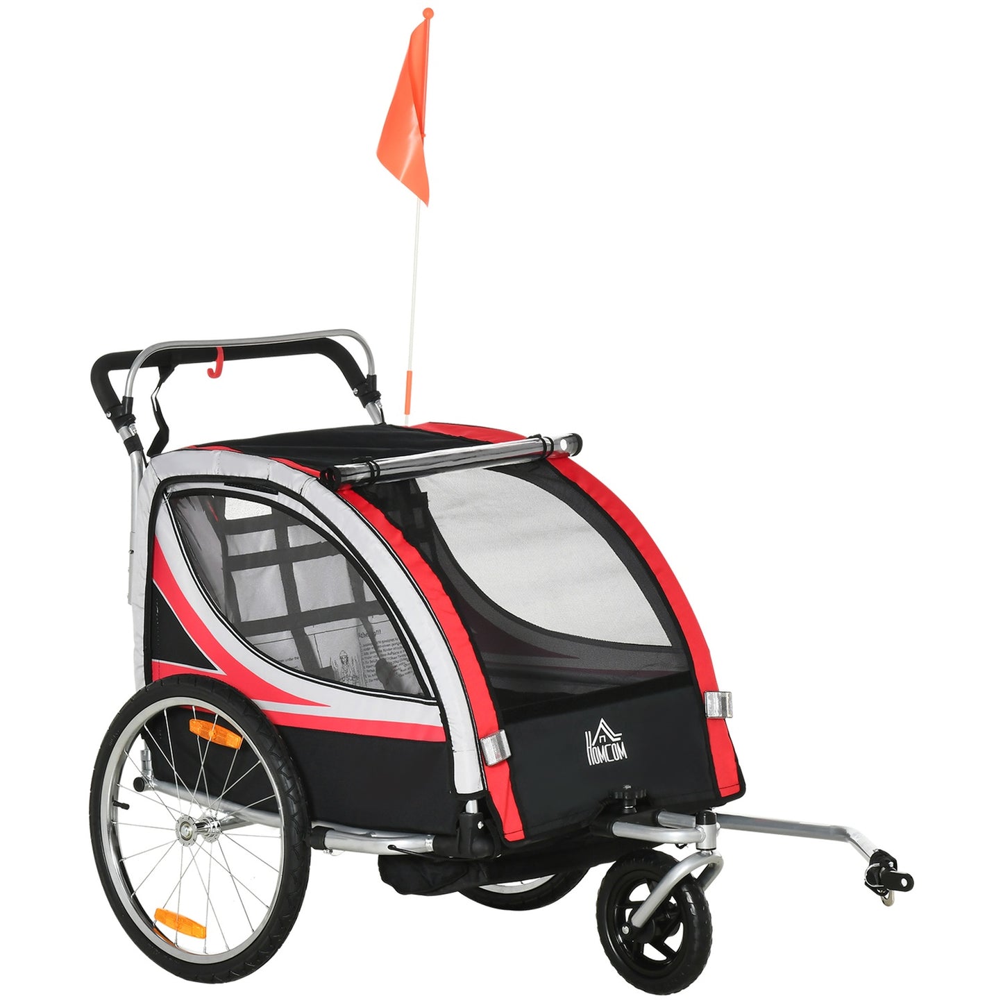 2-in-1 children's bike trailer with suspension and brake, red/black