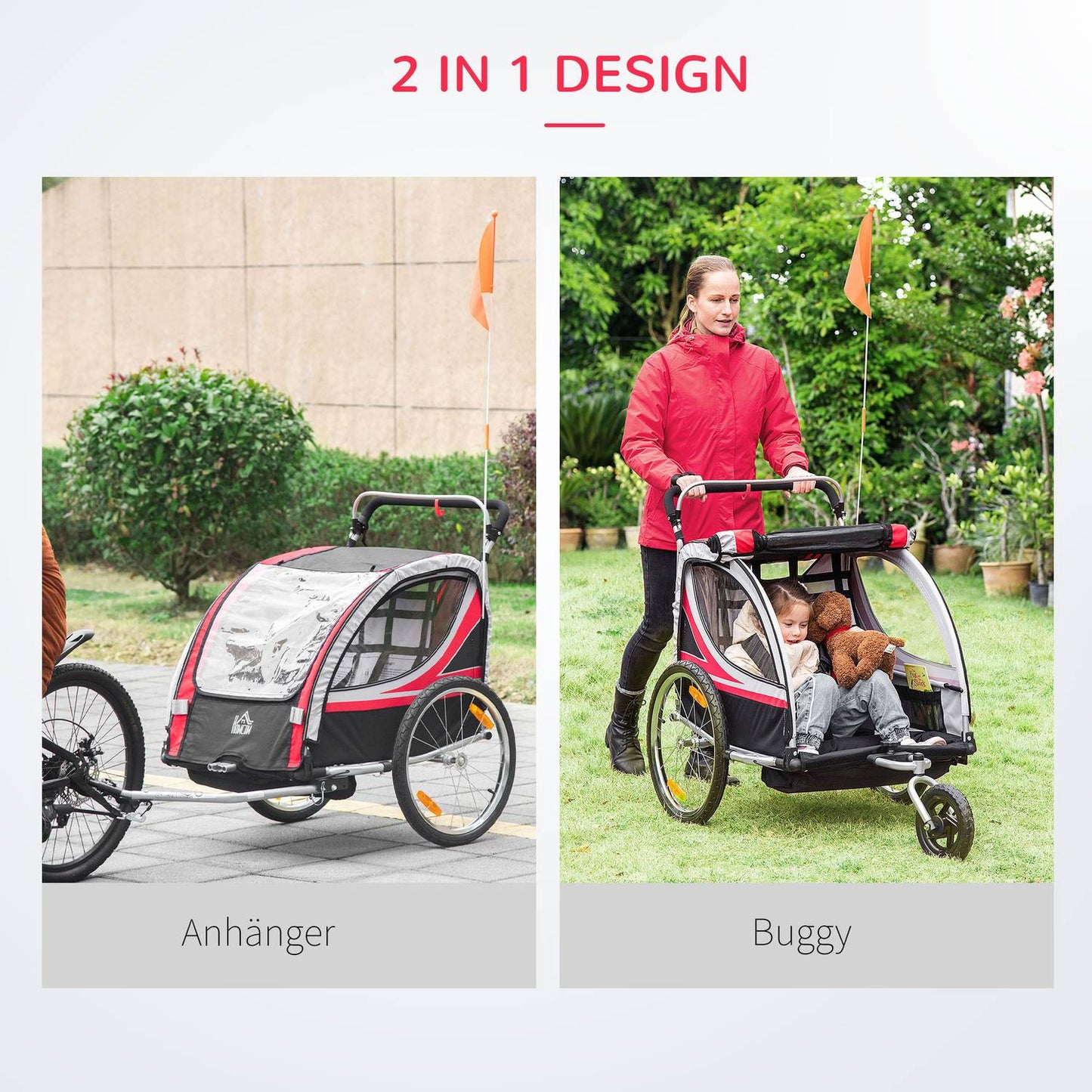 2-in-1 children's bike trailer with suspension and brake, red/black