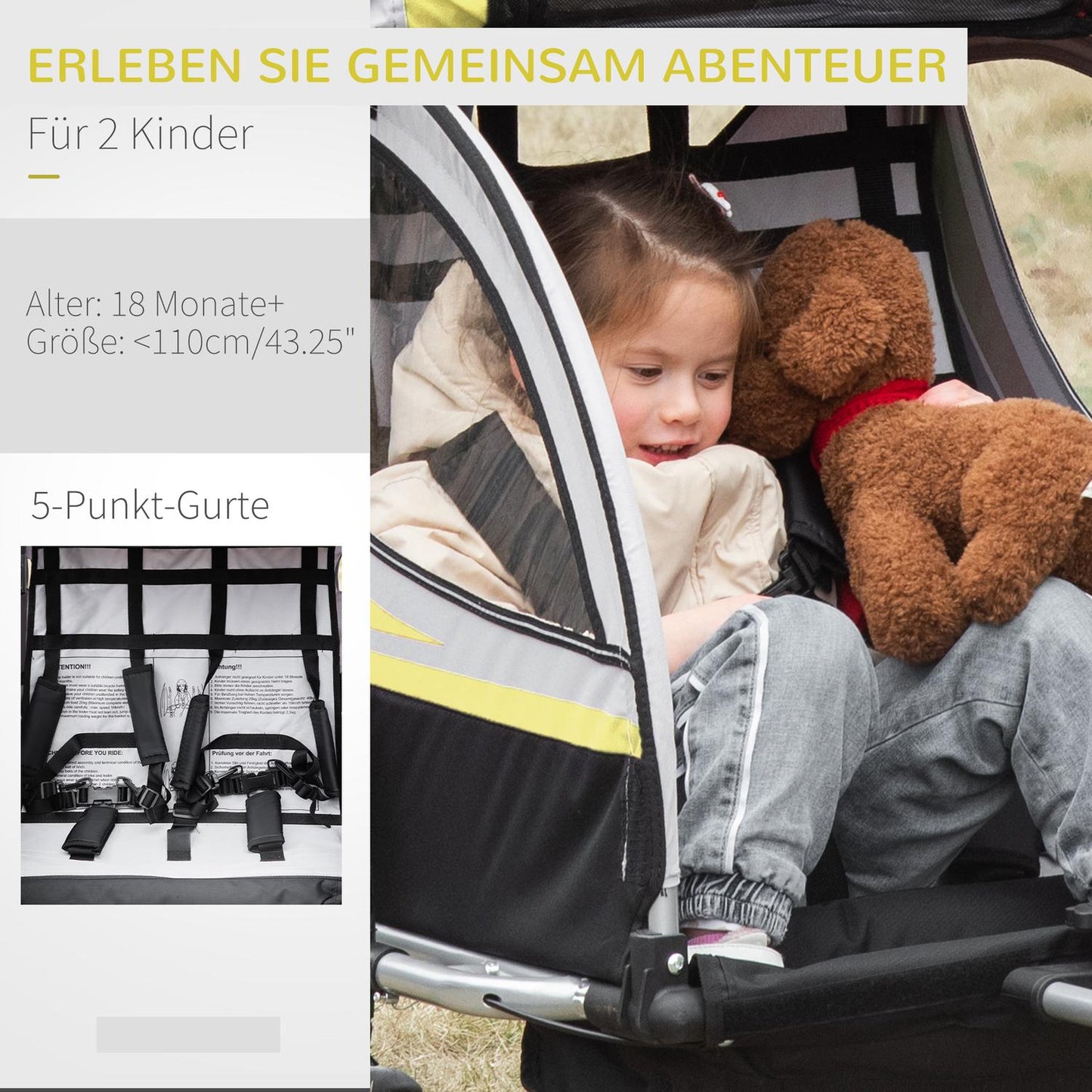 Children's bicycle stroller with suspension & brake, yellow/black