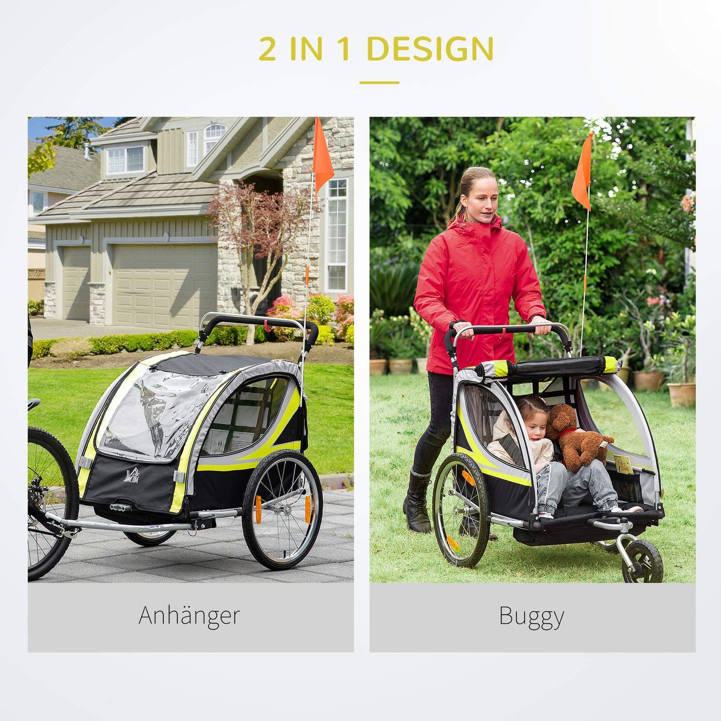 Children's bicycle stroller with suspension & brake, yellow/black