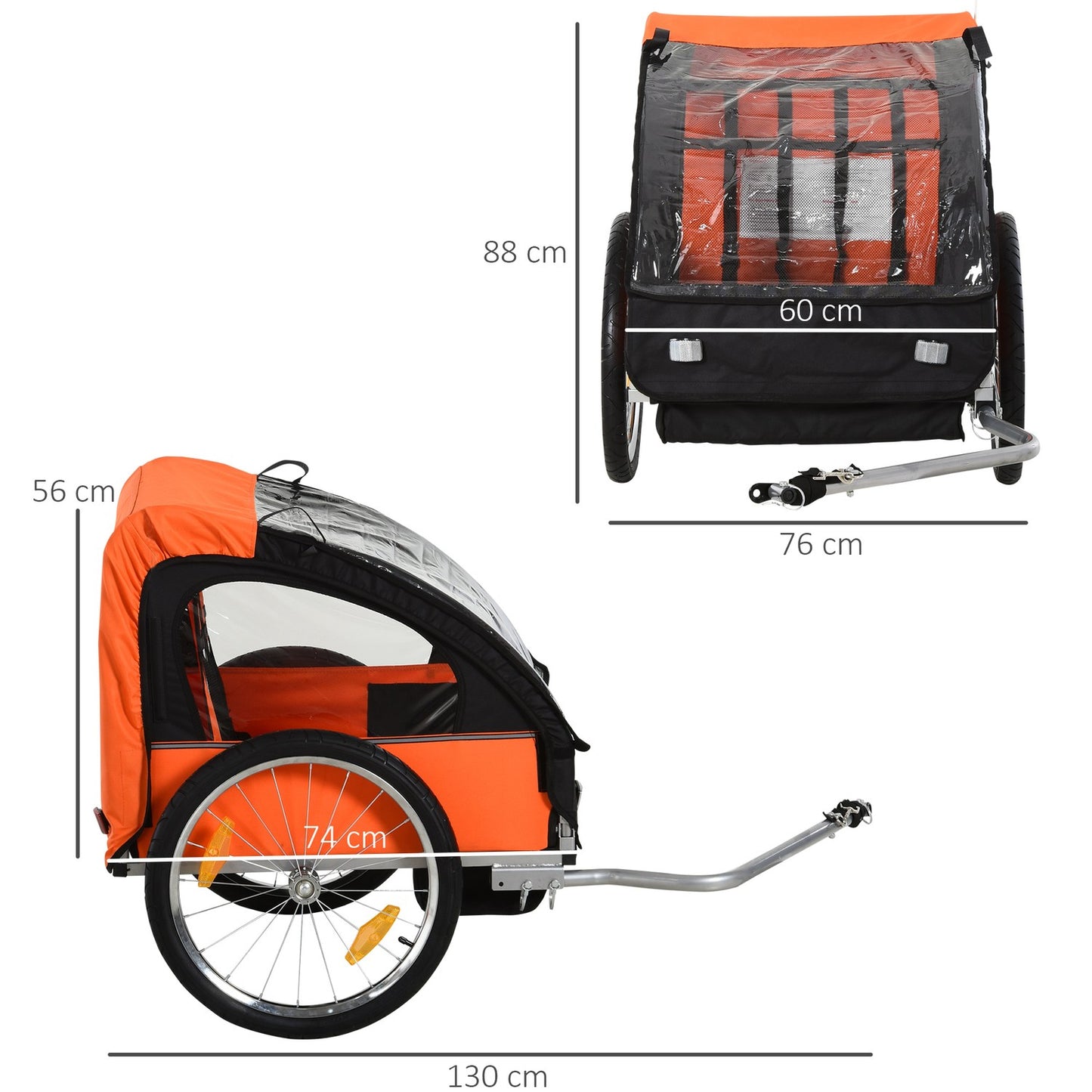 Children's bicycle stroller for 2, steel frame, safety belts