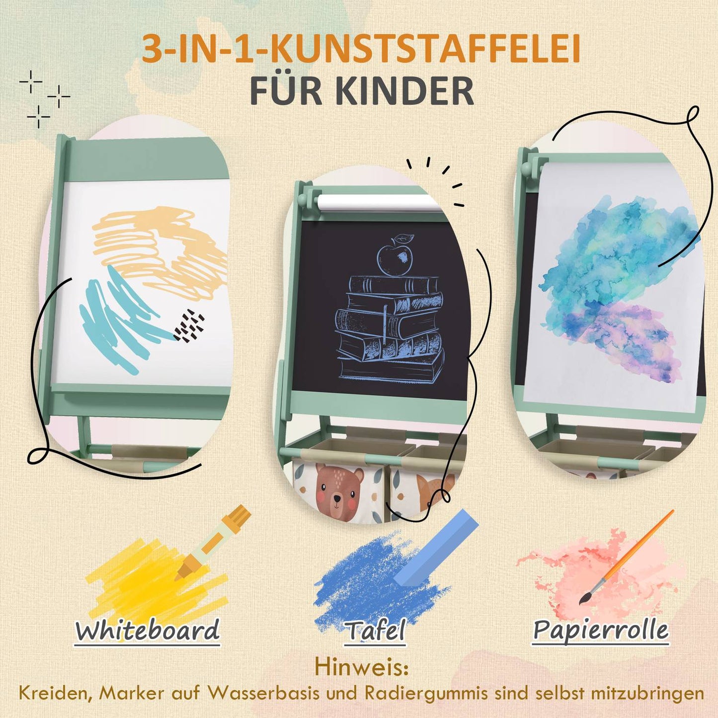 3-in-1 easel for children - Blackboard and whiteboard with paper roll