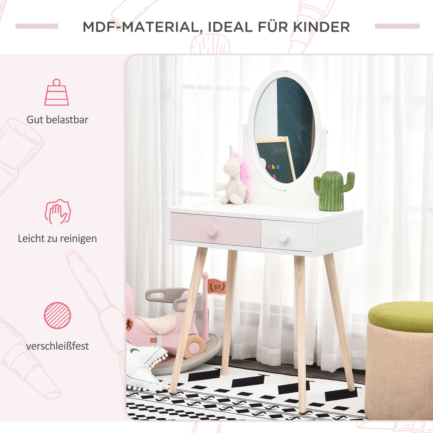 White dressing table in solid wood for children with mirror