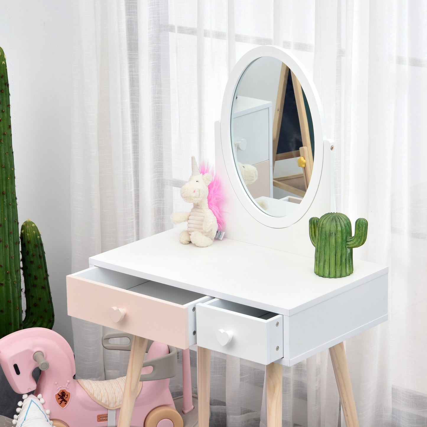 White dressing table in solid wood for children with mirror