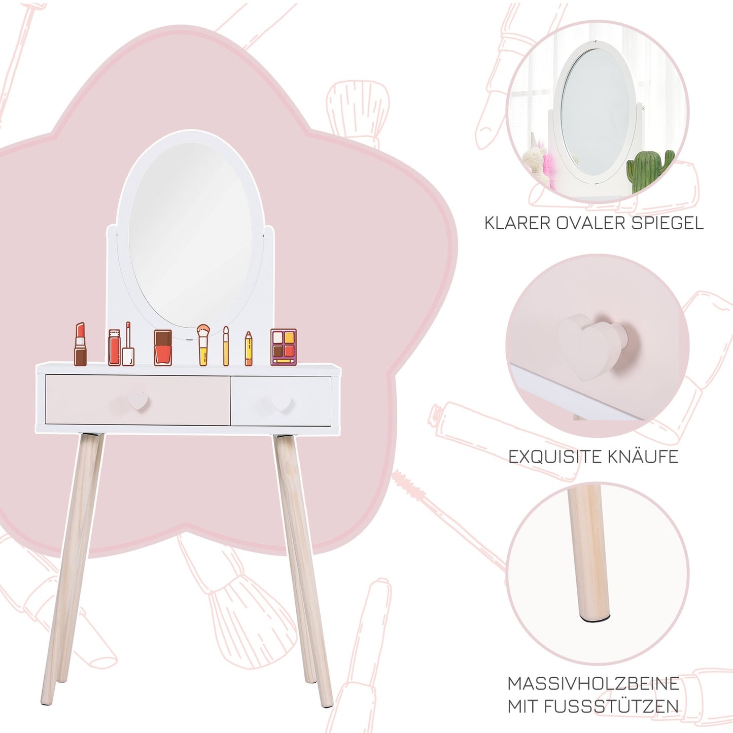 White dressing table in solid wood for children with mirror