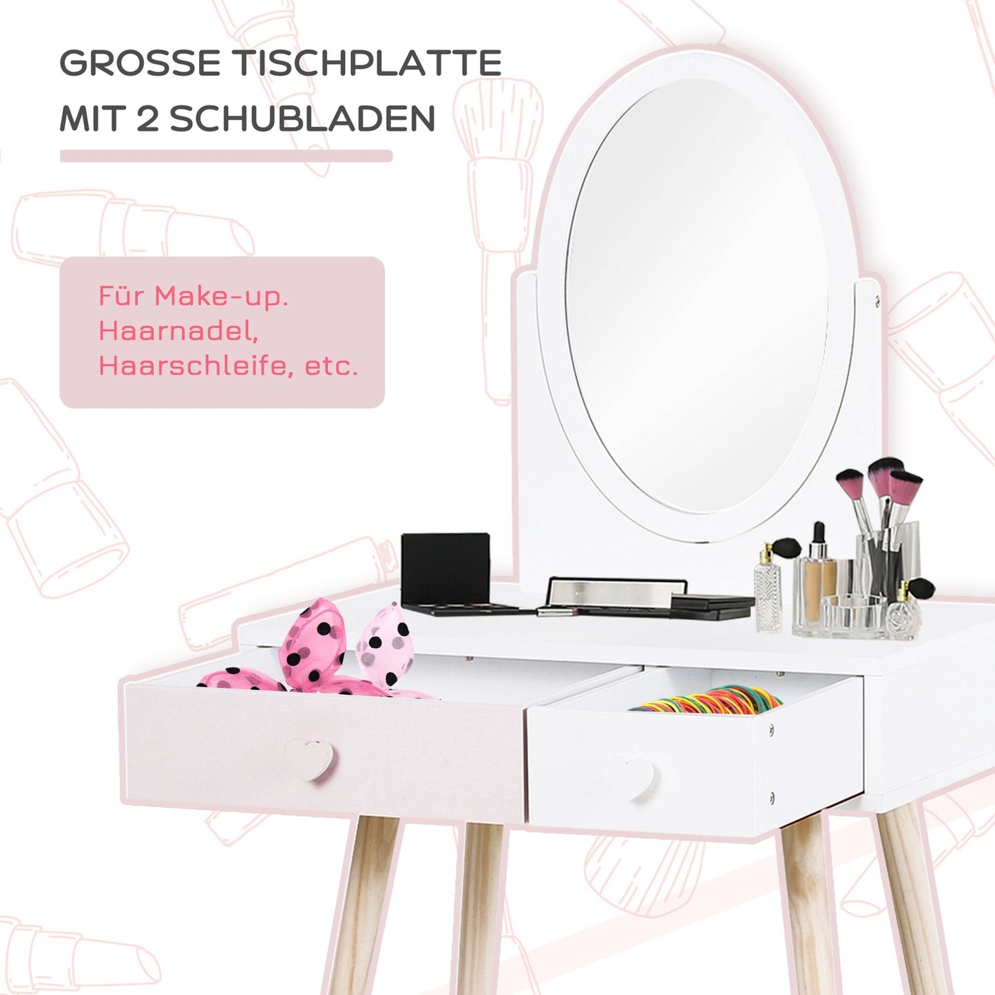 White dressing table in solid wood for children with mirror