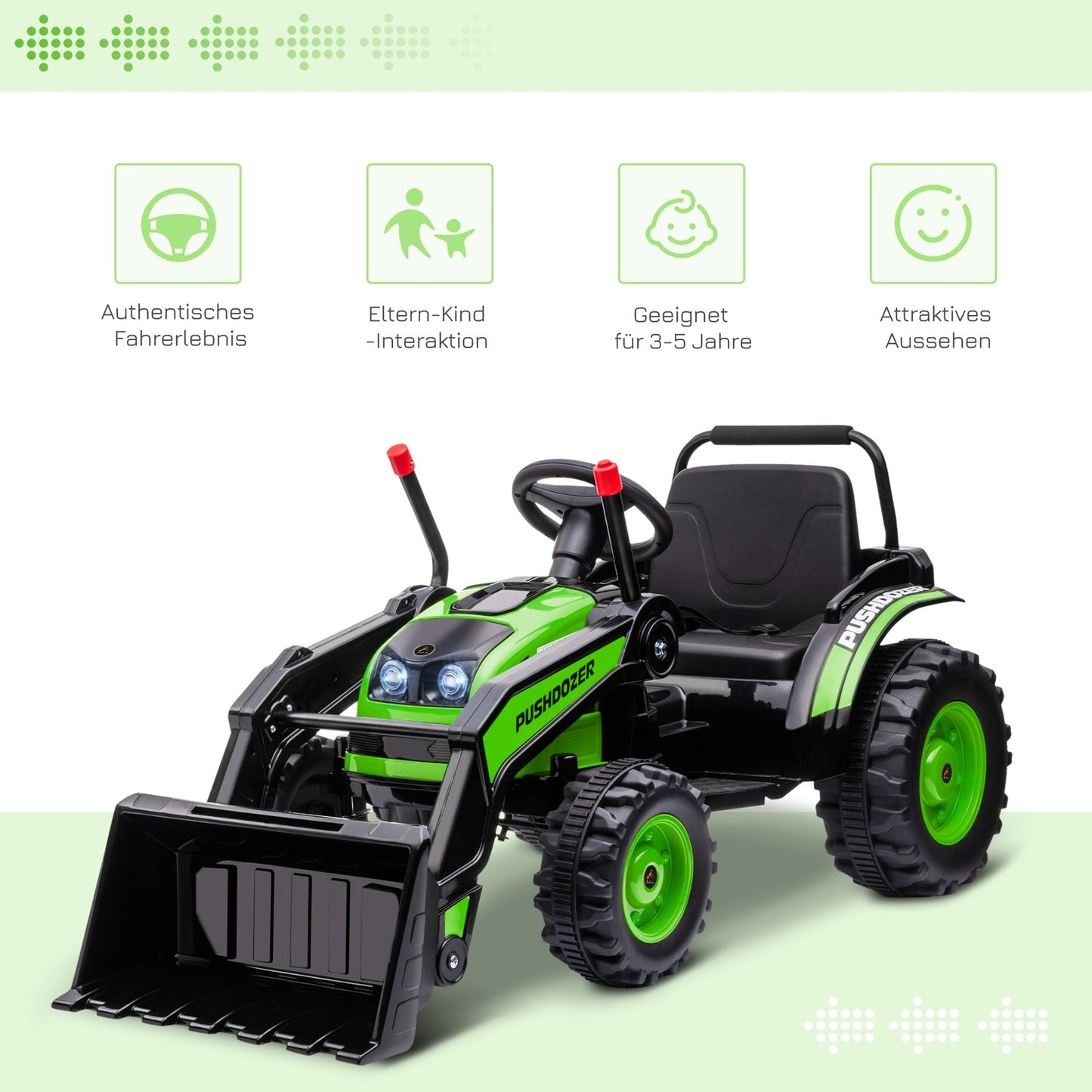 Electric ride-on excavator for children with music, 3-5 years, green