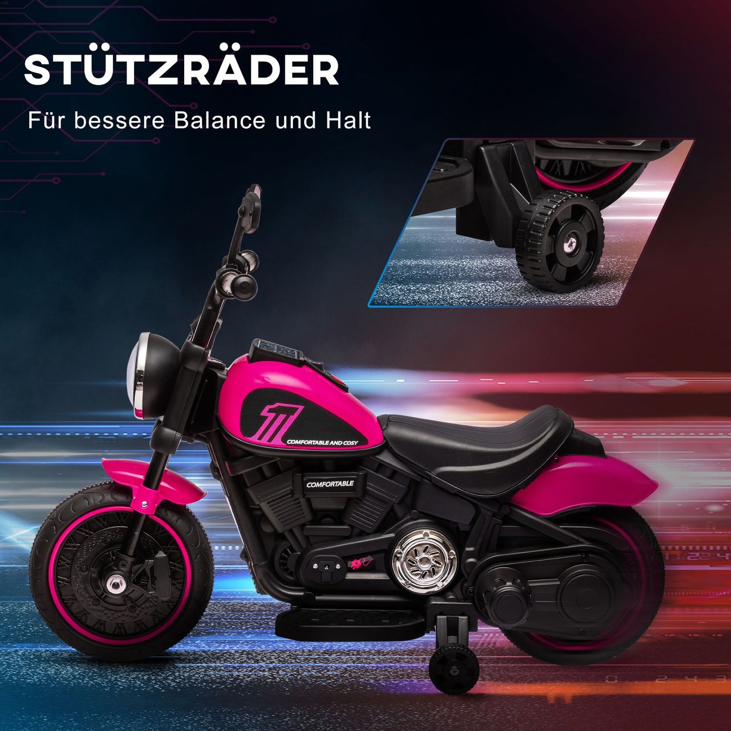 Electric motorcycle for children, pink, 2 removable wheels, 1.5-3 km/h