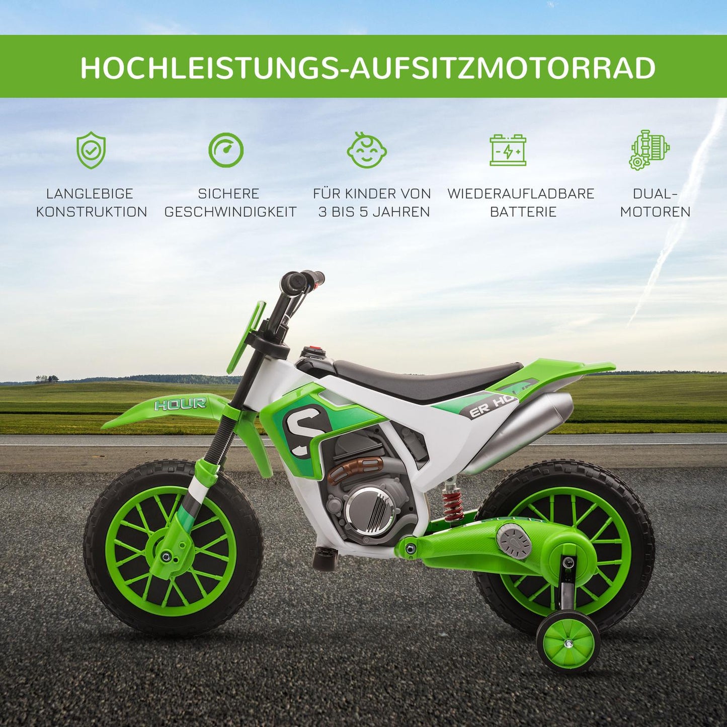 Children's 12V electric motorcycle with training wheels