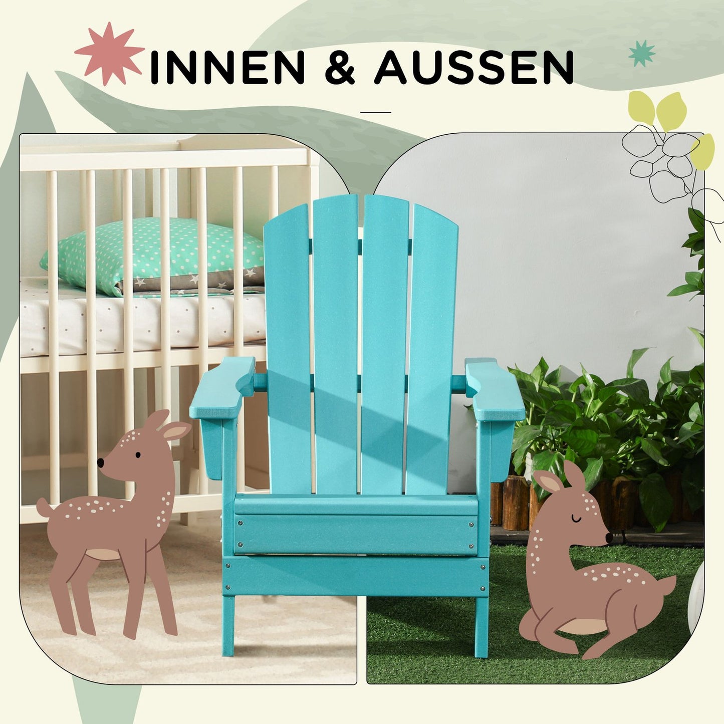 Children's teal Adirondack chair for ages 3+ with slatted design