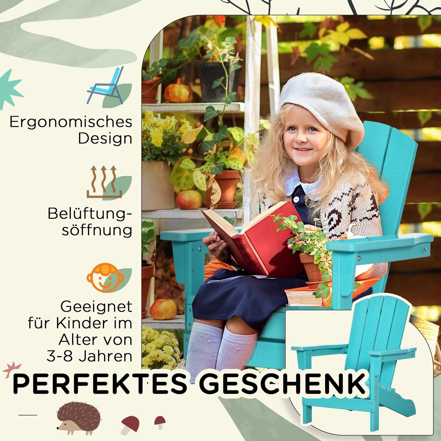 Children's teal Adirondack chair for ages 3+ with slatted design