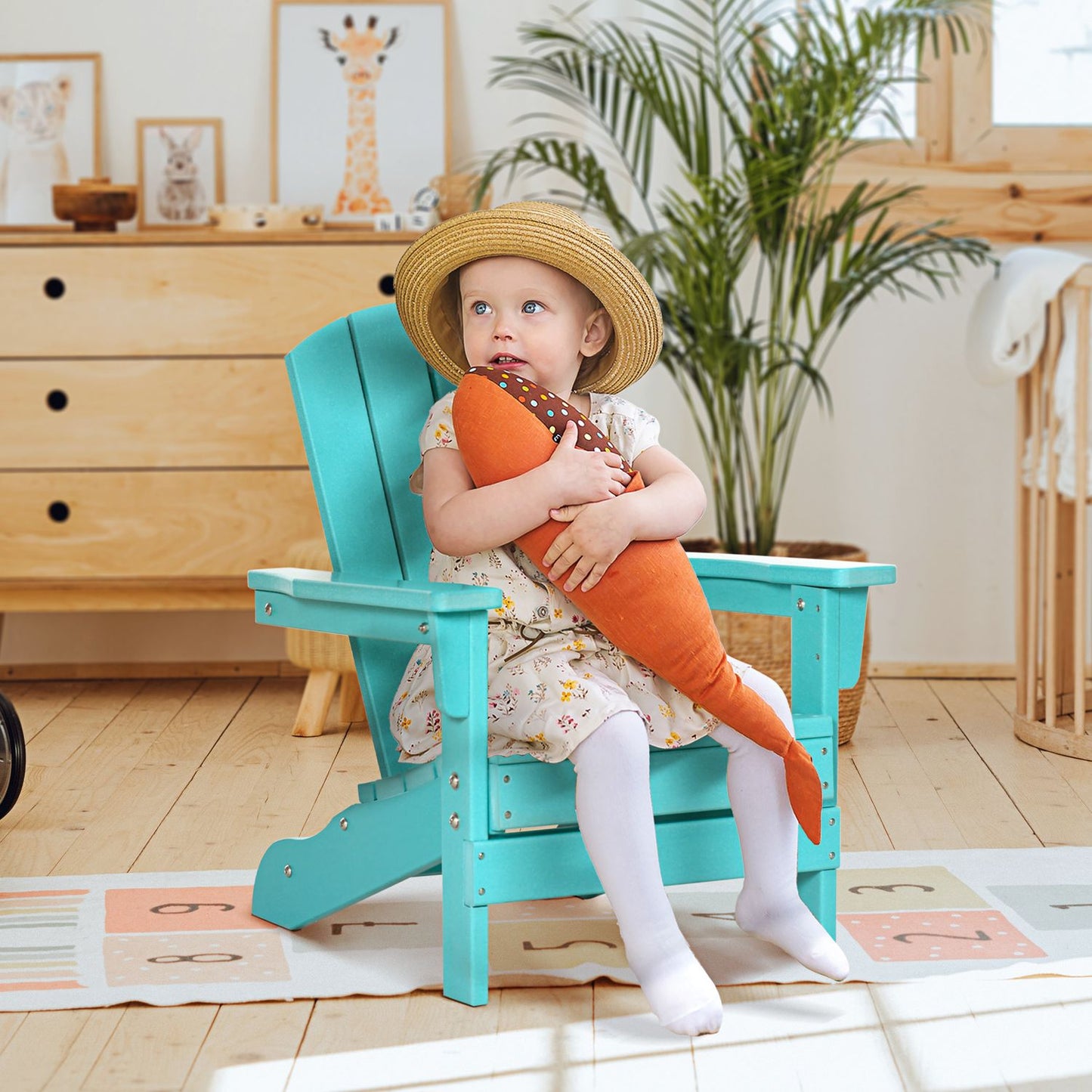 Children's teal Adirondack chair for ages 3+ with slatted design