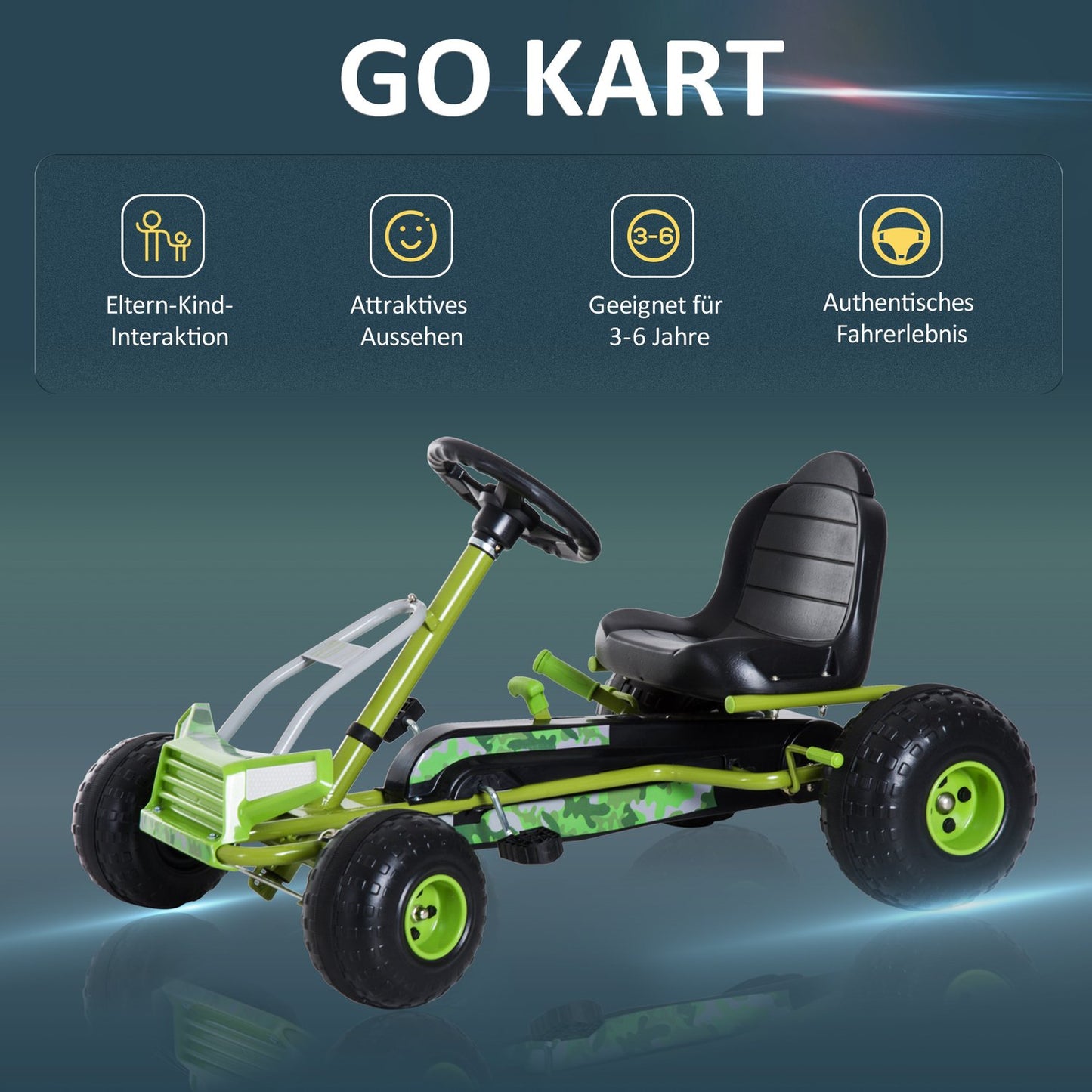 Green Pedal Go Kart for children with adjustable seat and brake