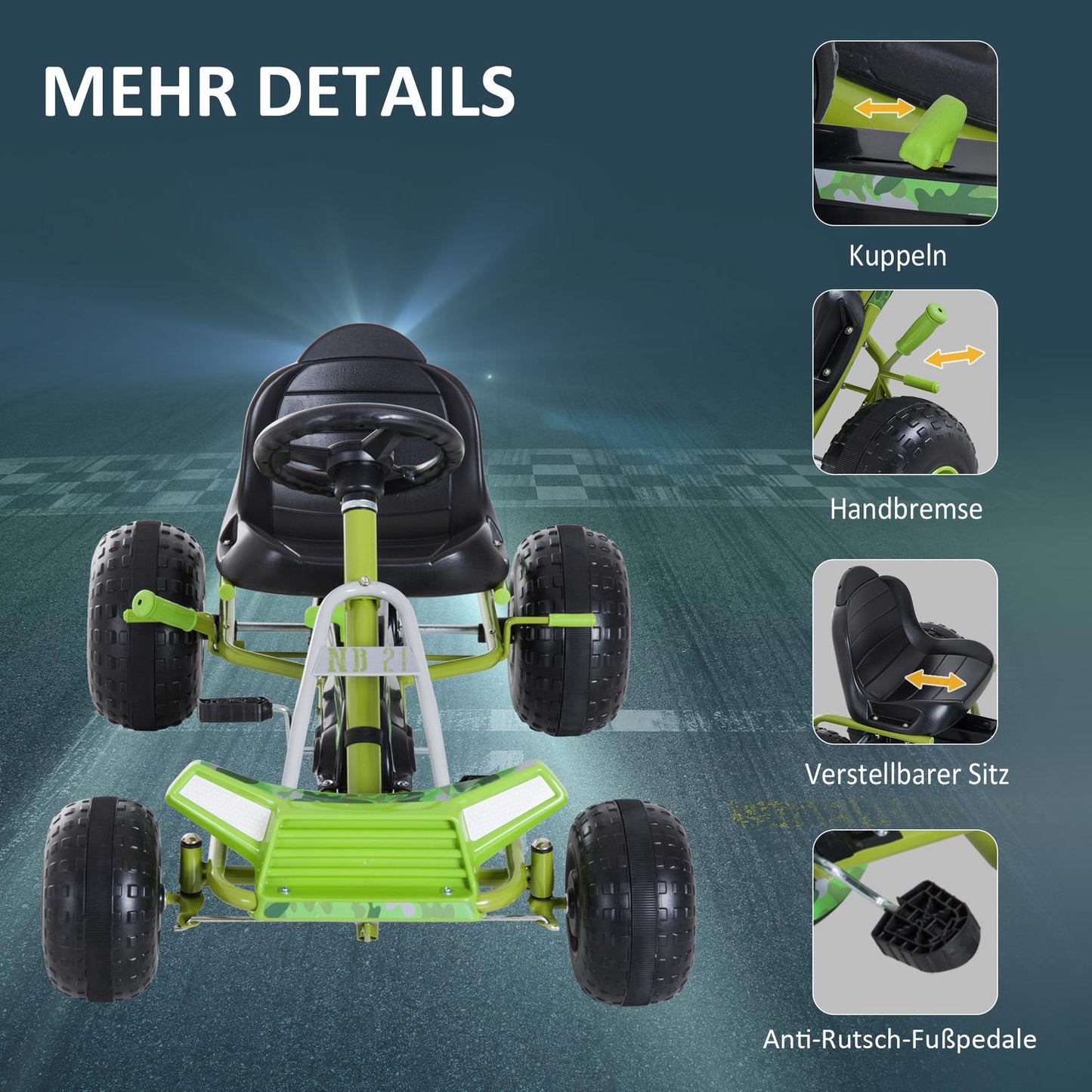 Green Pedal Go Kart for children with adjustable seat and brake