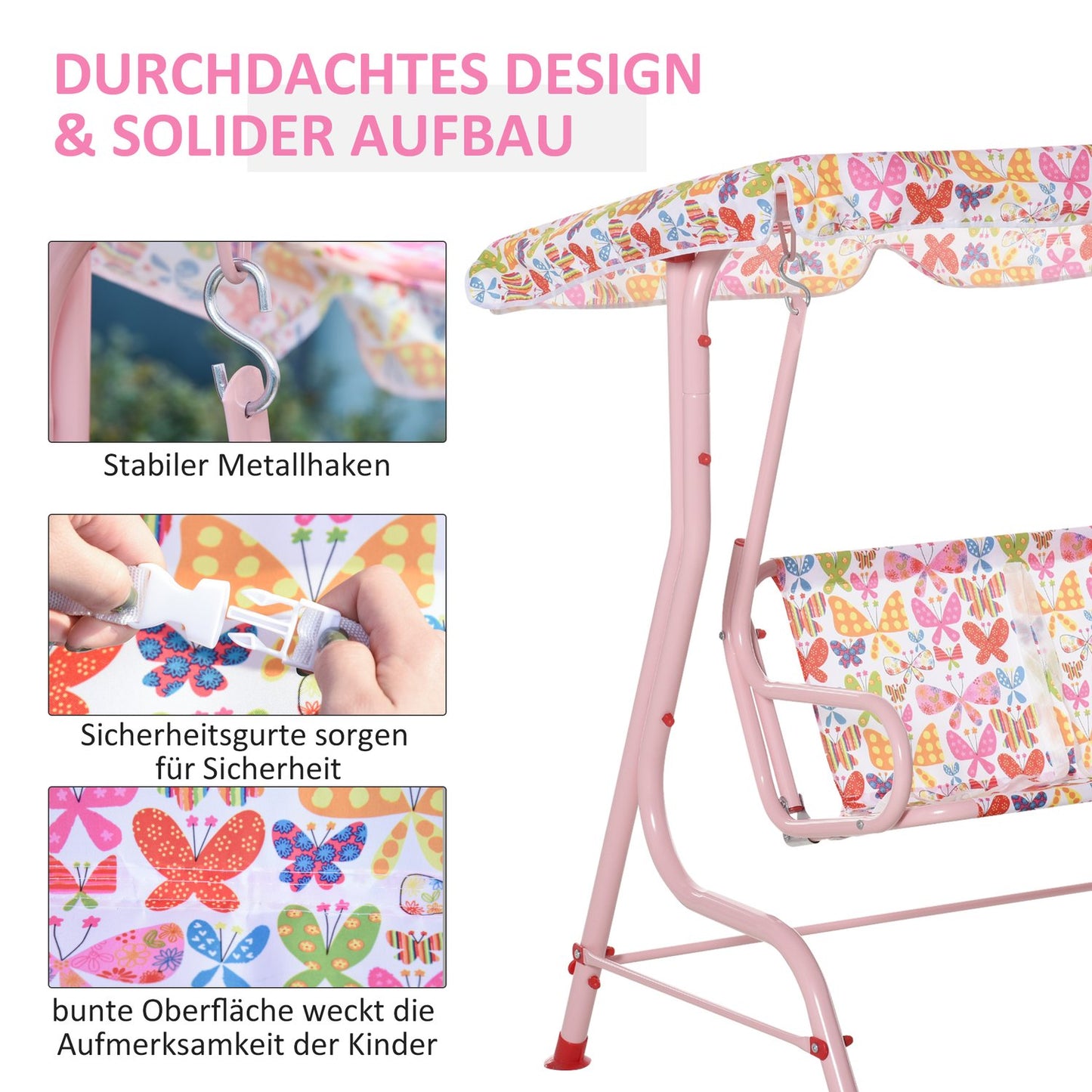 Children's swing in metal with canopy - Pink, 2-seater, 3-6 years