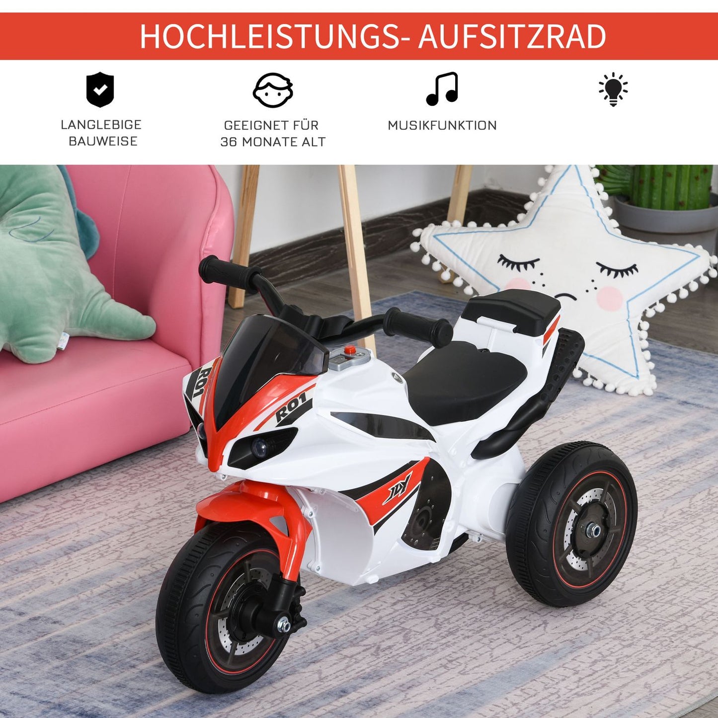 Motorcycle toy for children with music, white, 18-36 months