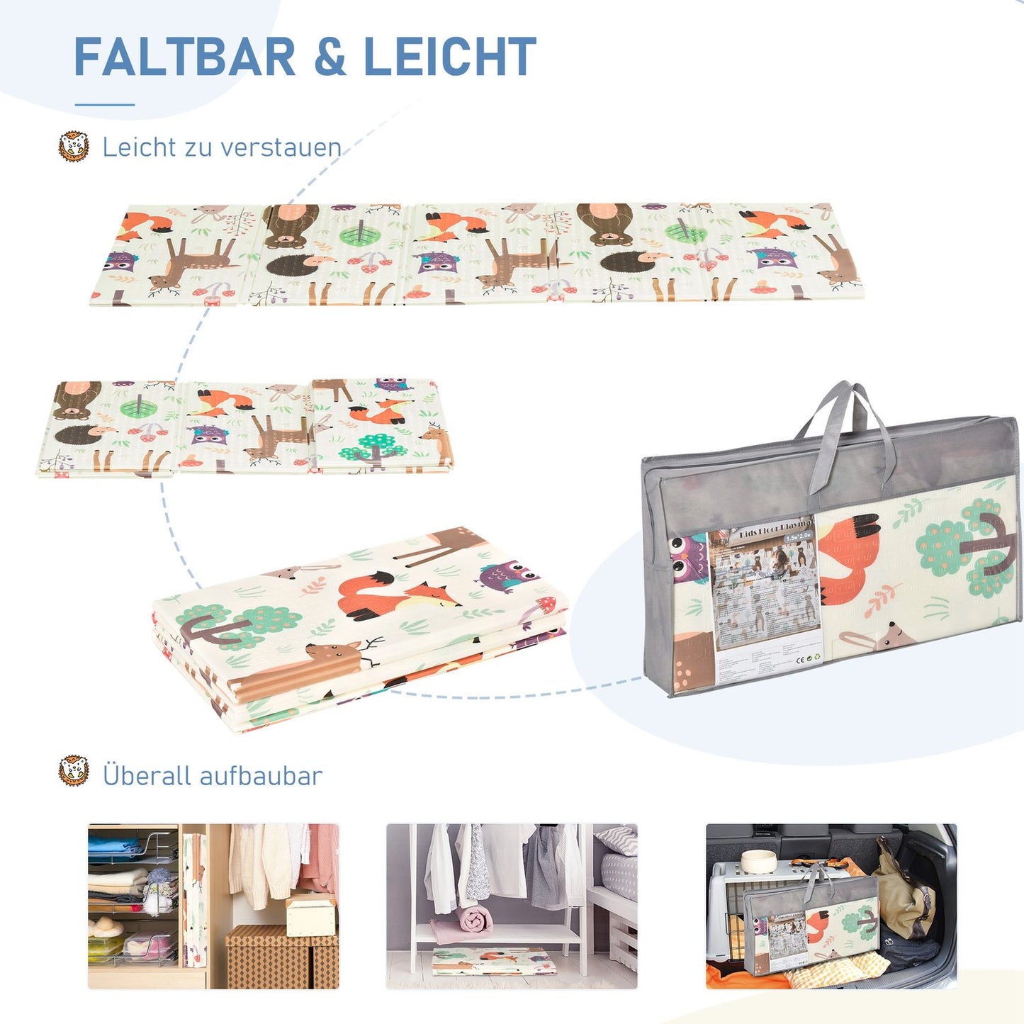 Fold-up playmat for children, Animal & Fish design, 200x150 cm