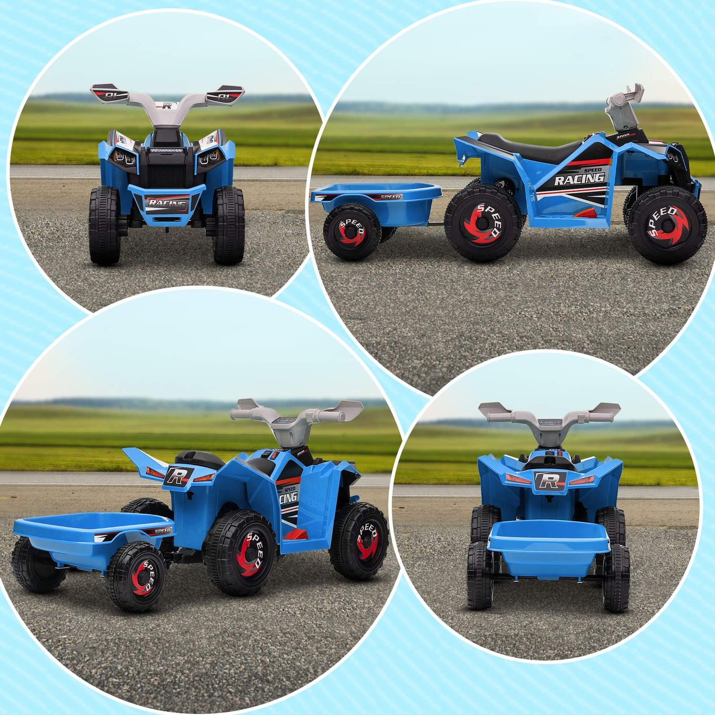 Electric quad bike for children with trailer, 6V, blue, 1.5-3 years