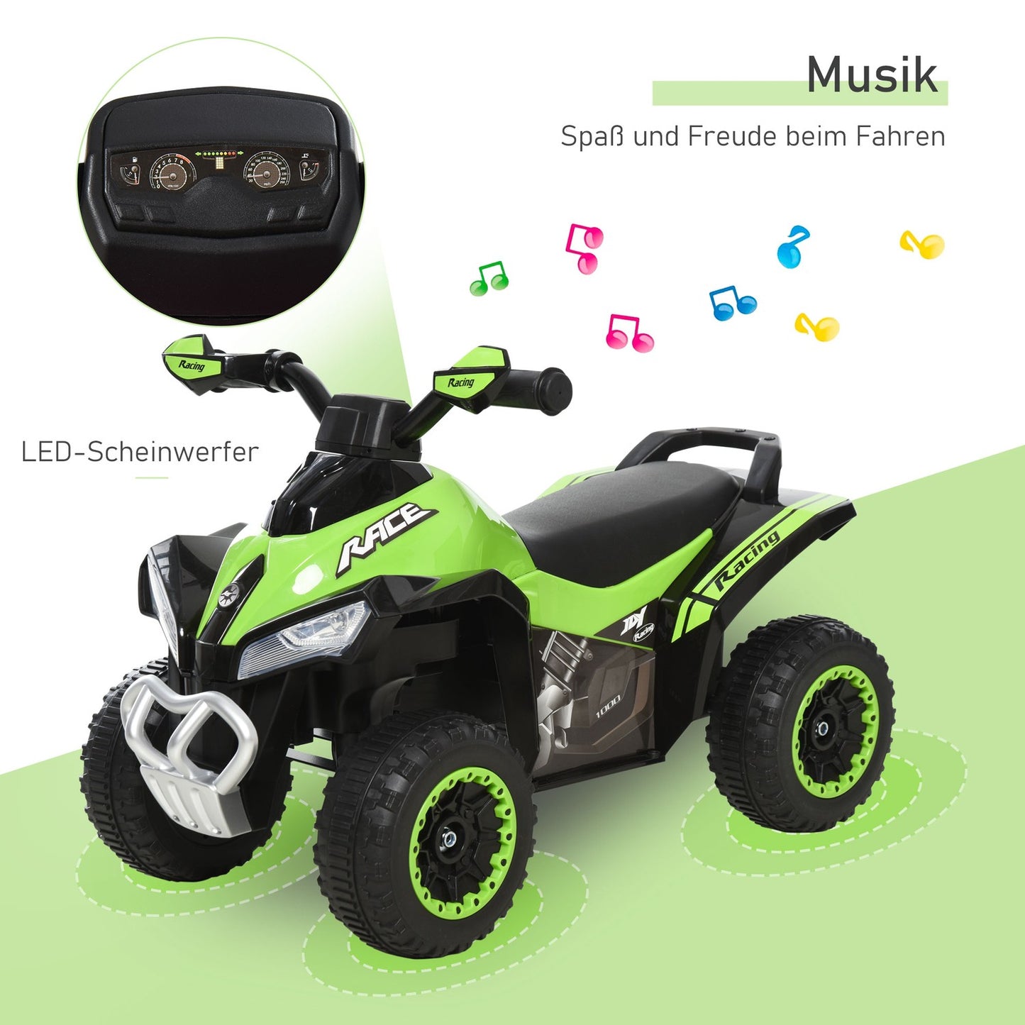 Ride-on car for children with music, 18-36 months, green