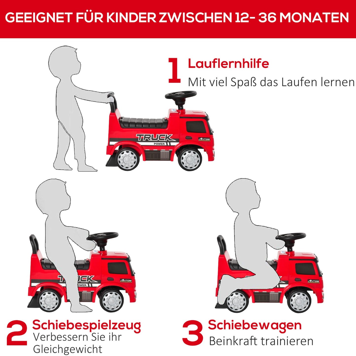 Mercedes Antos passenger truck for children, 12-36 months, red/black