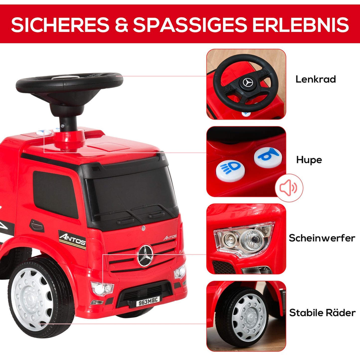 Mercedes Antos passenger truck for children, 12-36 months, red/black