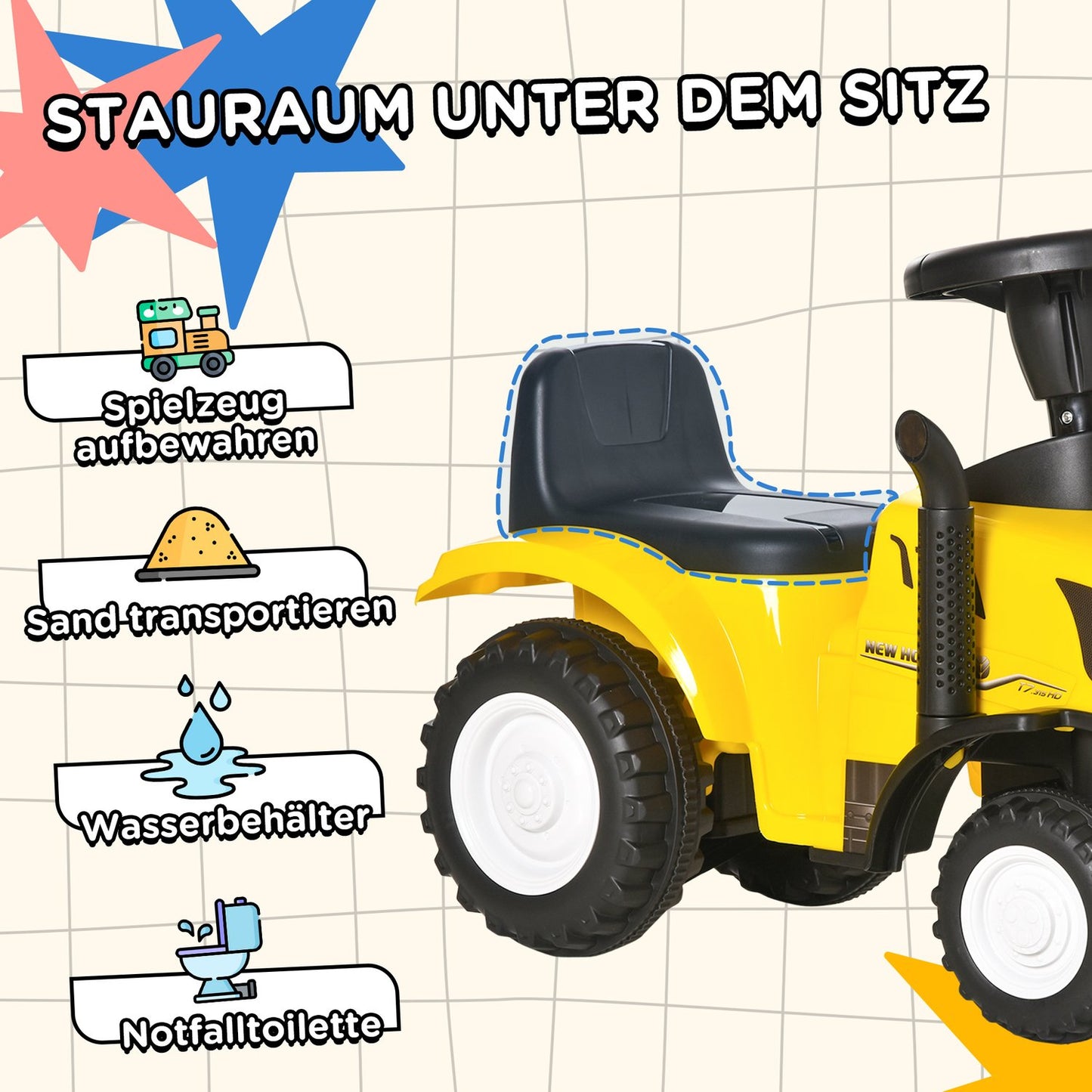 Yellow ride-on tractor with trailer and horn for children