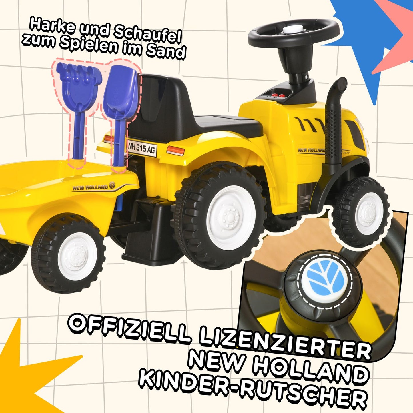 Yellow ride-on tractor with trailer and horn for children