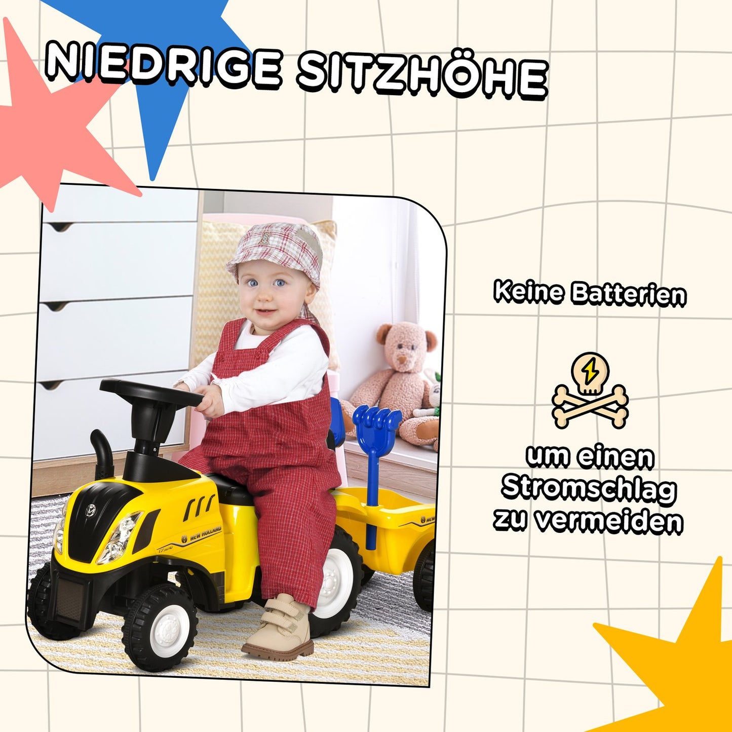 Yellow ride-on tractor with trailer and horn for children