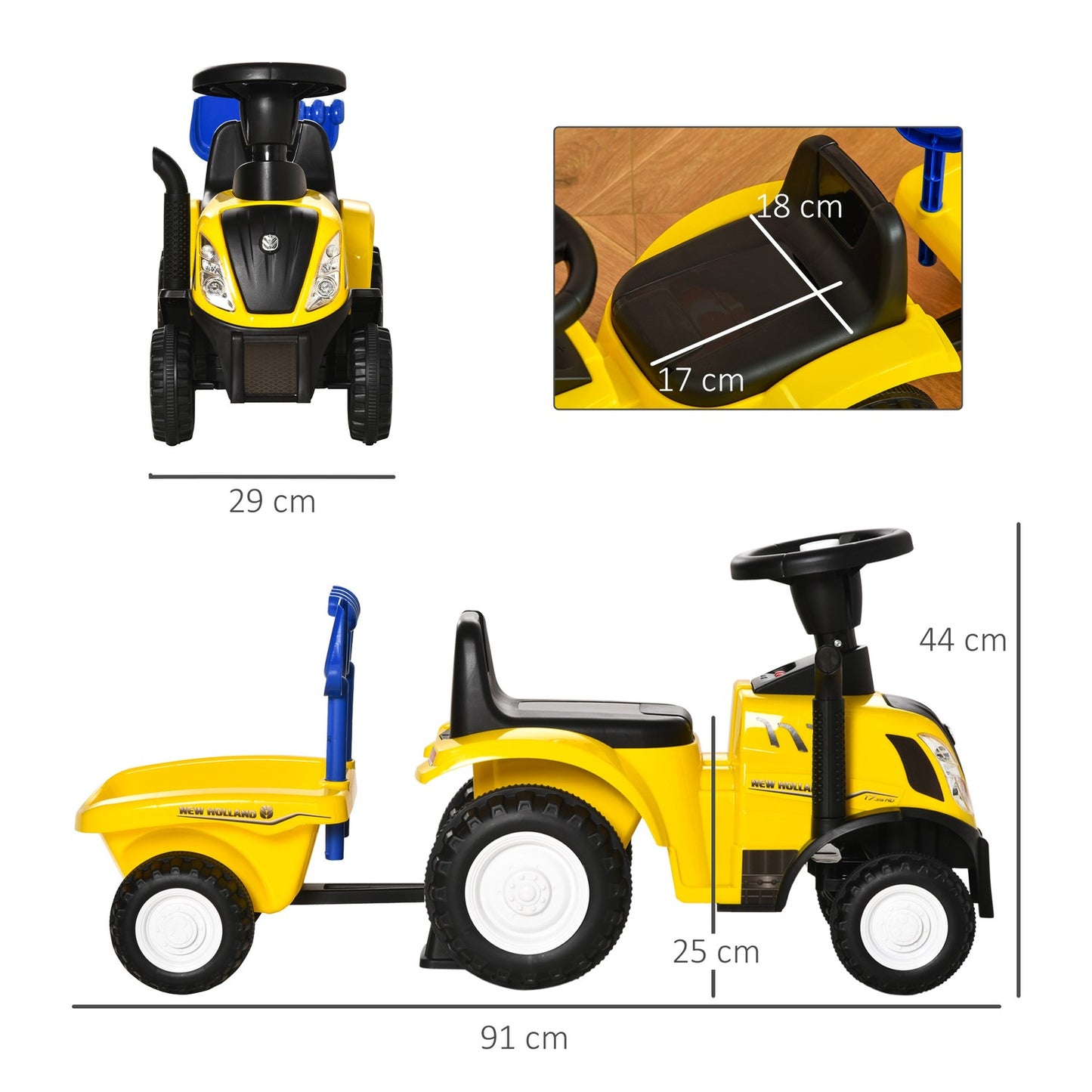 Yellow ride-on tractor with trailer and horn for children
