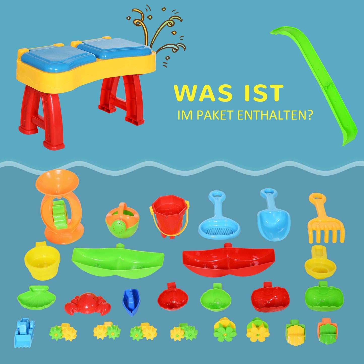 Children's sand and water activity table with 31 toys