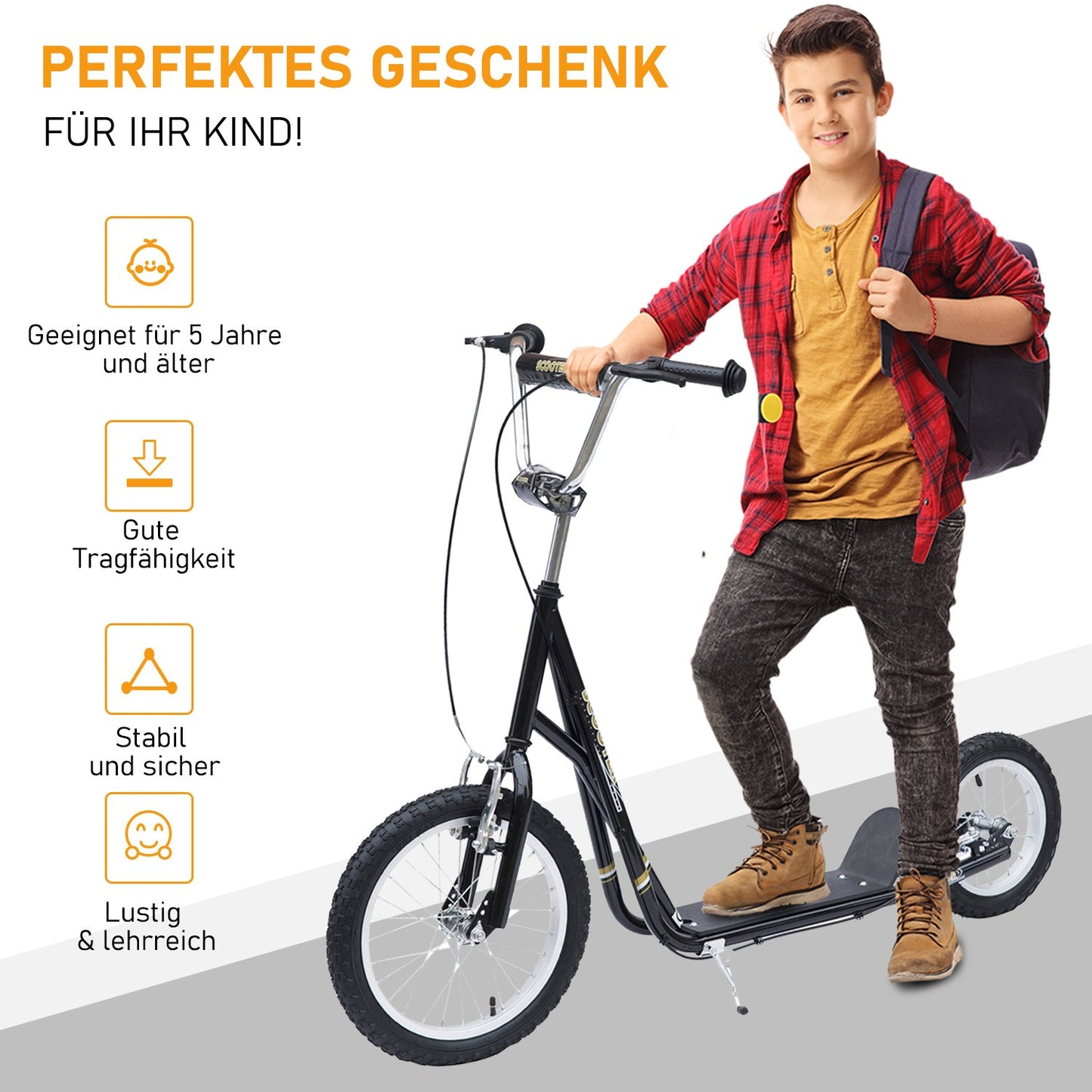 City scooter for children with brakes, 16/12 inch, black
