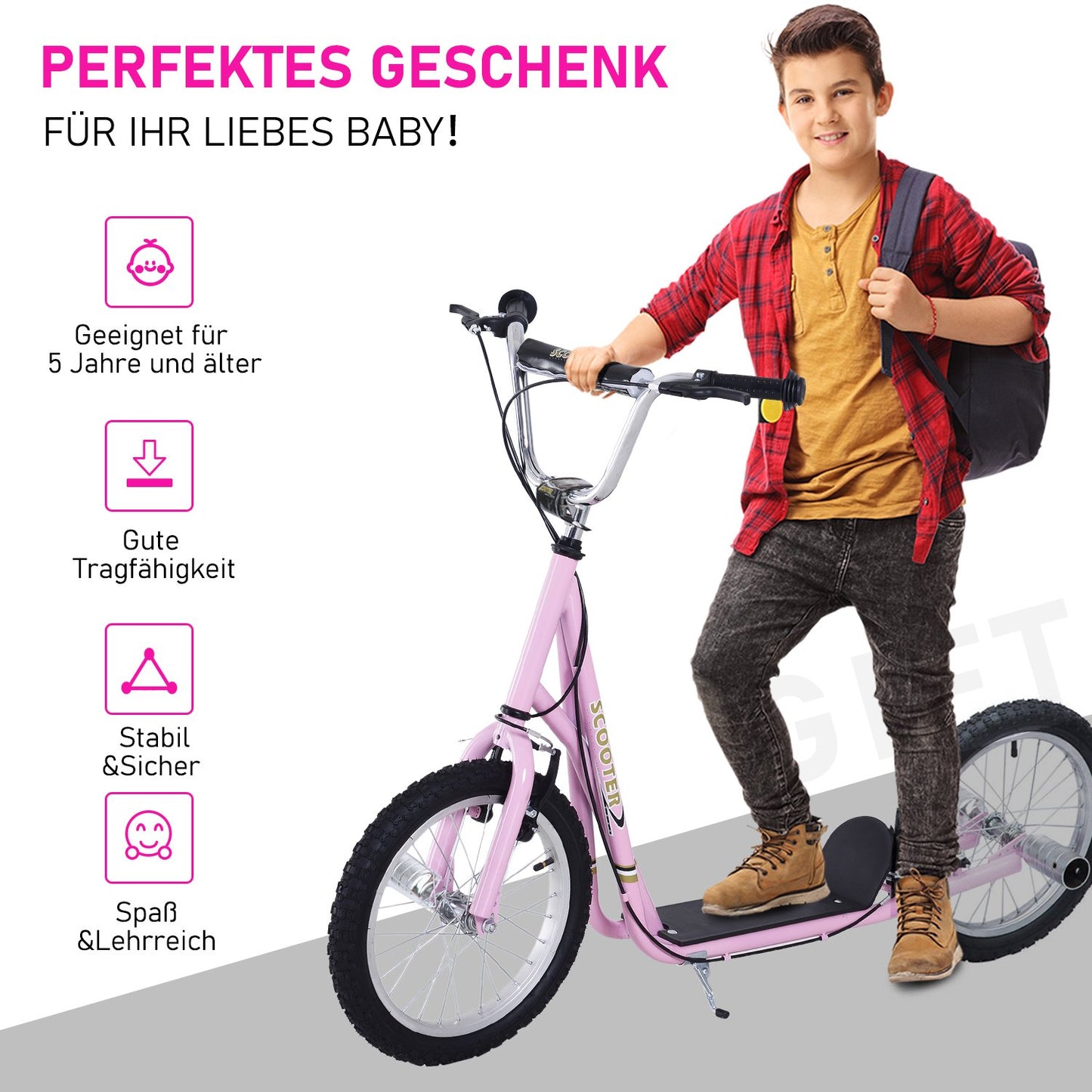 16-inch pink scooter for kids with pneumatic tires
