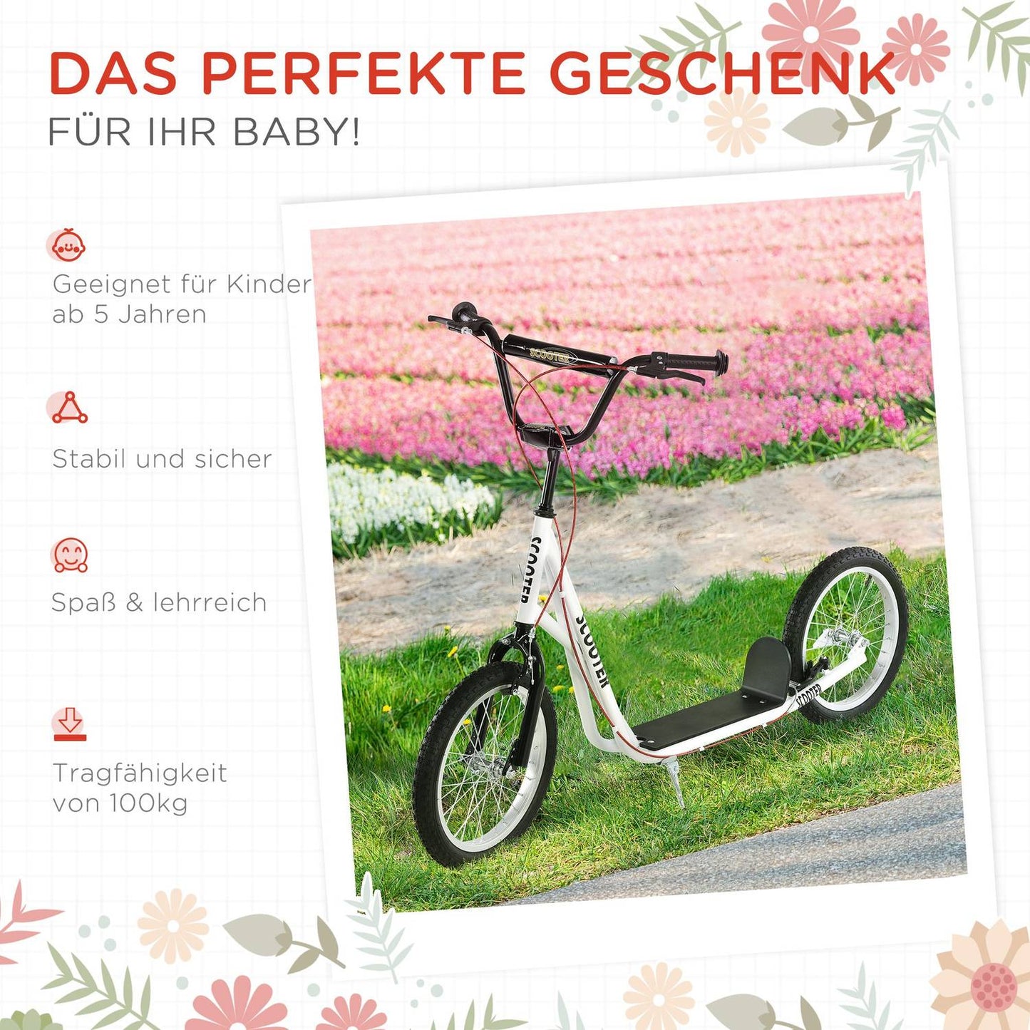 Kick scooter for children with handbrake and pneumatic tires