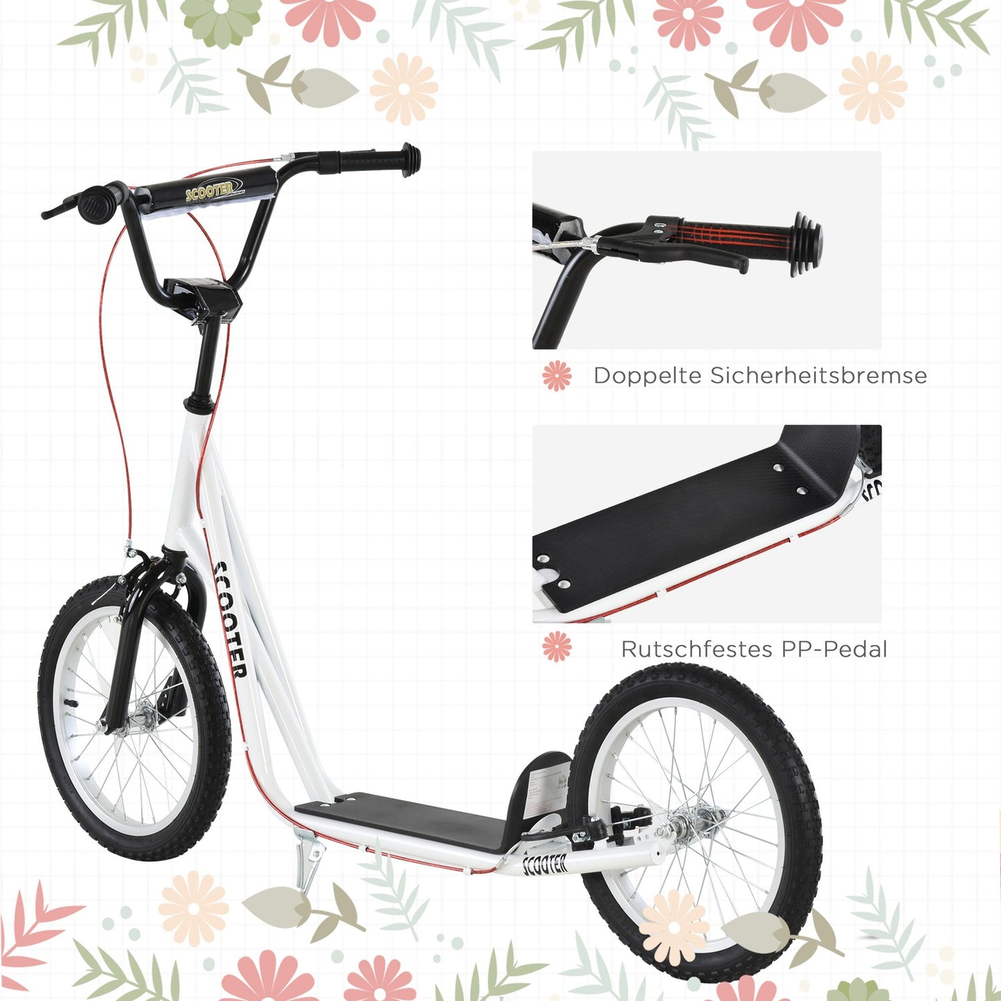 Kick scooter for children with handbrake and pneumatic tires