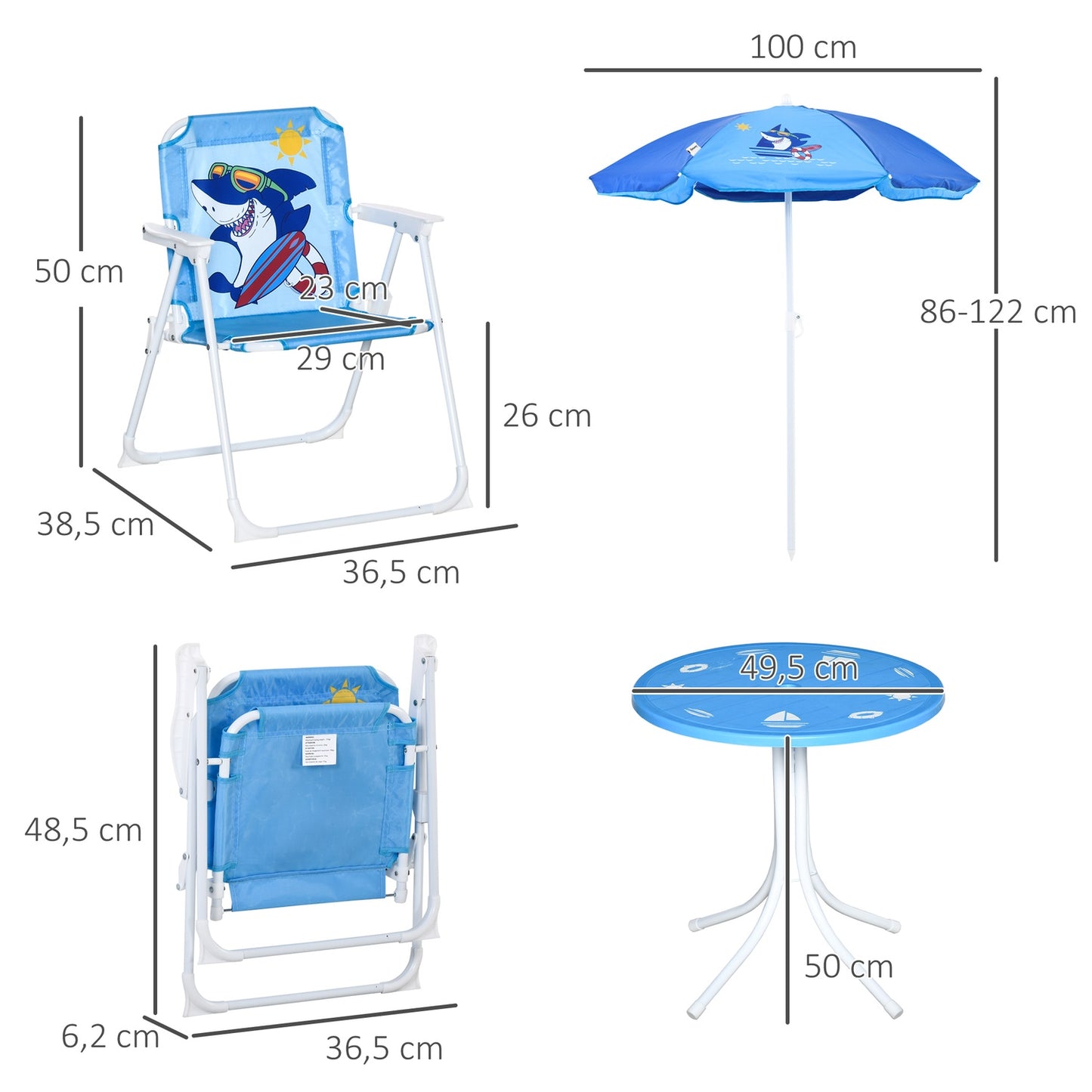 Camping set for children: table, 2 folding chairs and parasol