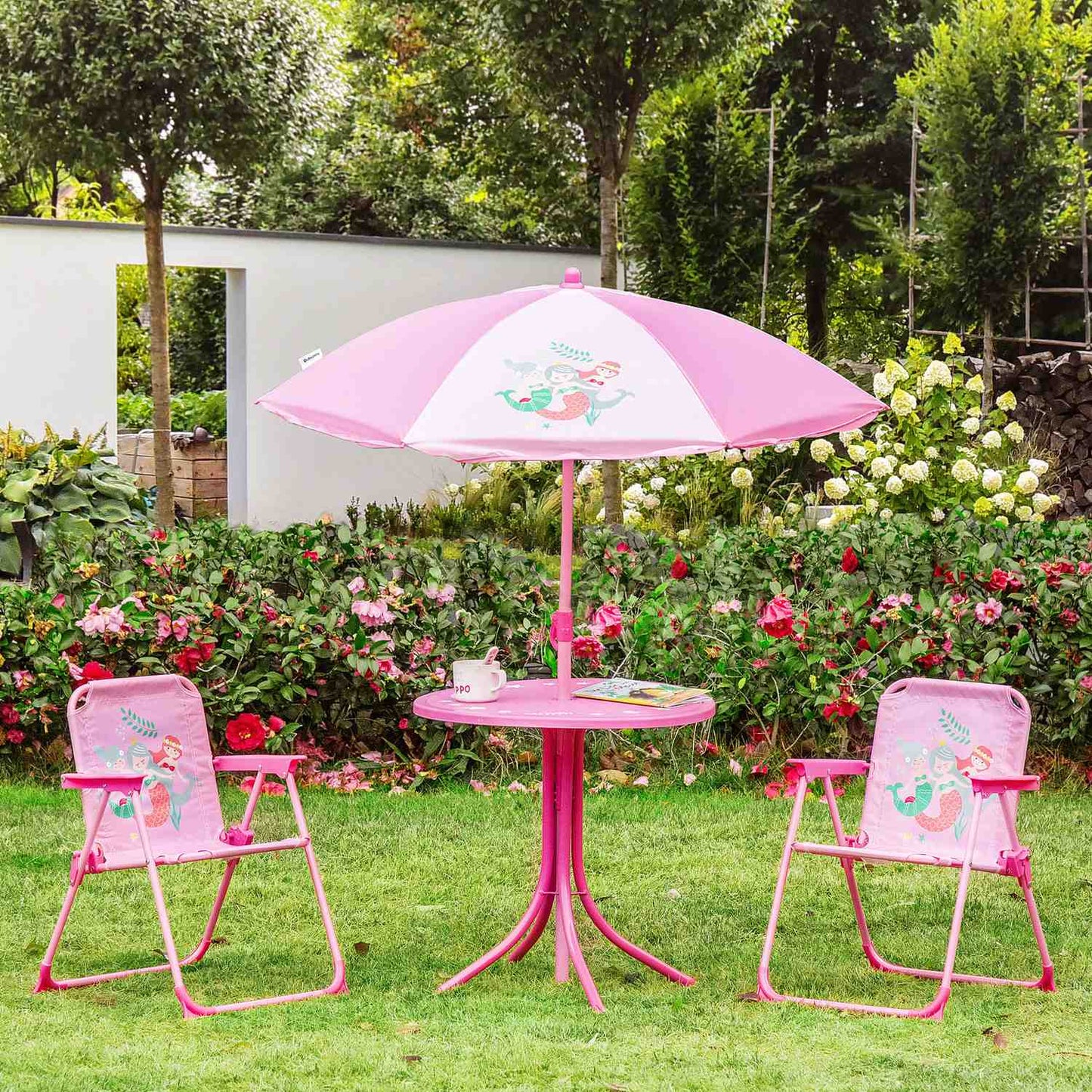 Garden set for children: table, chairs & parasol, pink