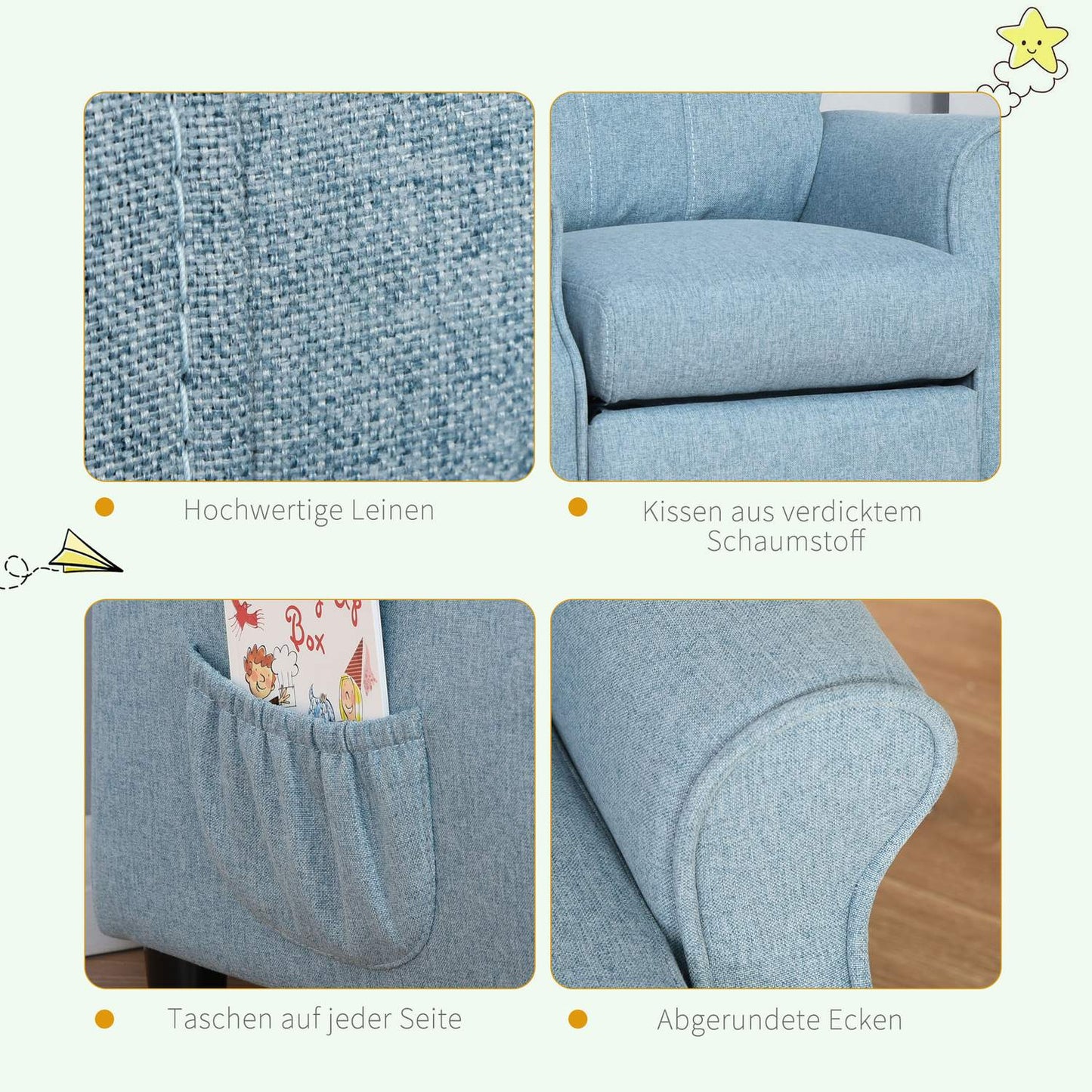Blue children's sofa with folding seat & footrest, 3-5 years